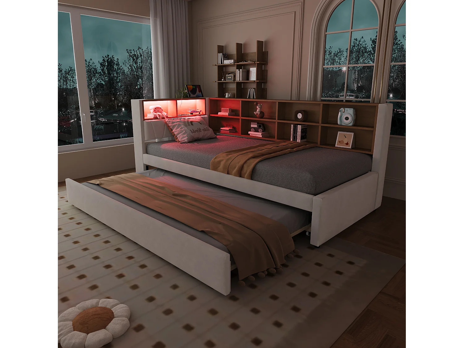 Divano letto 90 x 200 cm con letto estraibile 90 x 190 cm - con LED + prese + ripiano portaoggetti - Flanella - beige