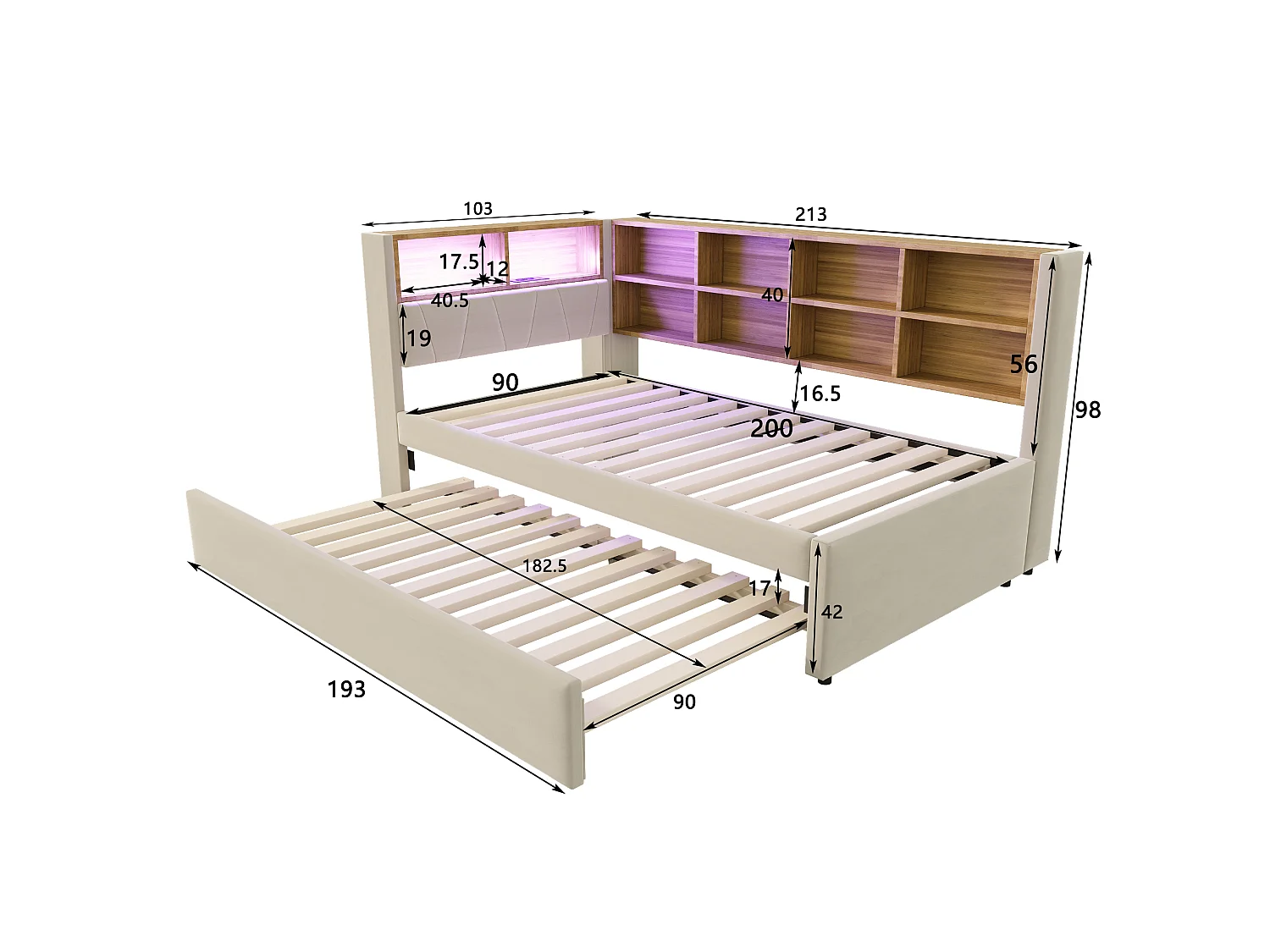 Divano letto 90 x 200 cm con letto estraibile 90 x 190 cm - con LED + prese + ripiano portaoggetti - Flanella - beige