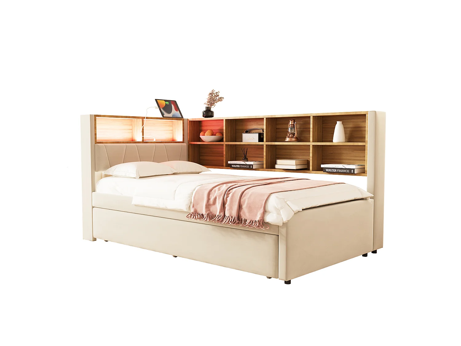 Divano letto 90 x 200 cm con letto estraibile 90 x 190 cm - con LED + prese + ripiano portaoggetti - Flanella - beige