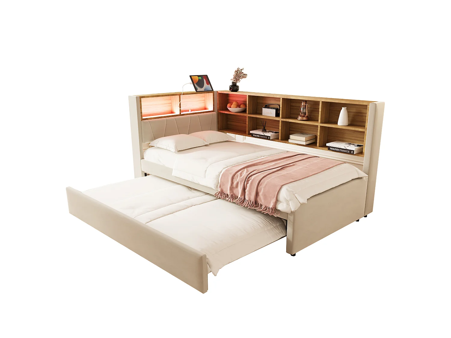 Divano letto 90 x 200 cm con letto estraibile 90 x 190 cm - con LED + prese + ripiano portaoggetti - Flanella - beige
