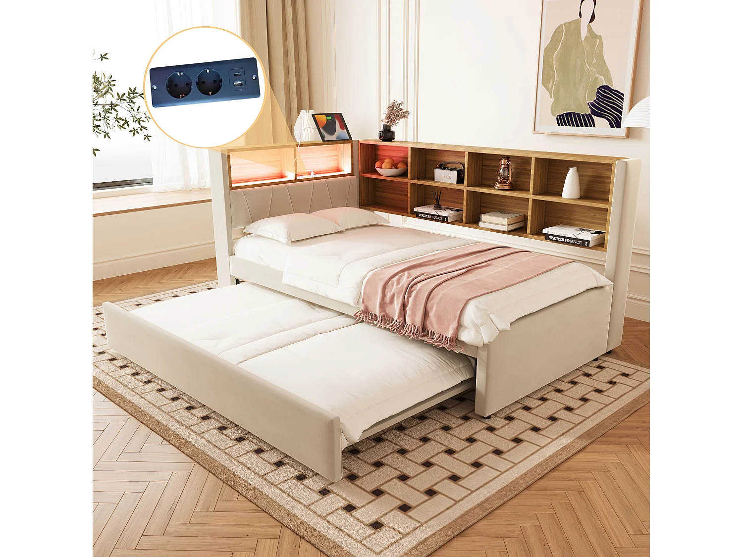 Divano letto 90 x 200 cm con letto estraibile 90 x 190 cm - con LED + prese + ripiano portaoggetti - Flanella - beige