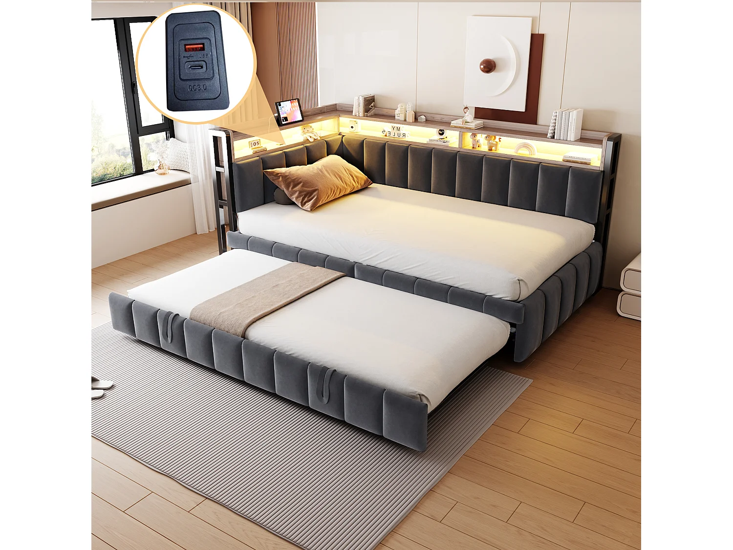 Gestoffeerde slaapbank - 90 x 200 cm - met uitschuifbed 90 x 200 cm + LED's + plank + USB en Type-C - fluweel - grijs