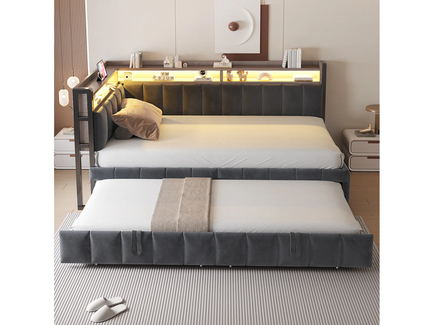 Gestoffeerde slaapbank - 90 x 200 cm - met uitschuifbed 90 x 200 cm + LED's + plank + USB en Type-C - fluweel - grijs