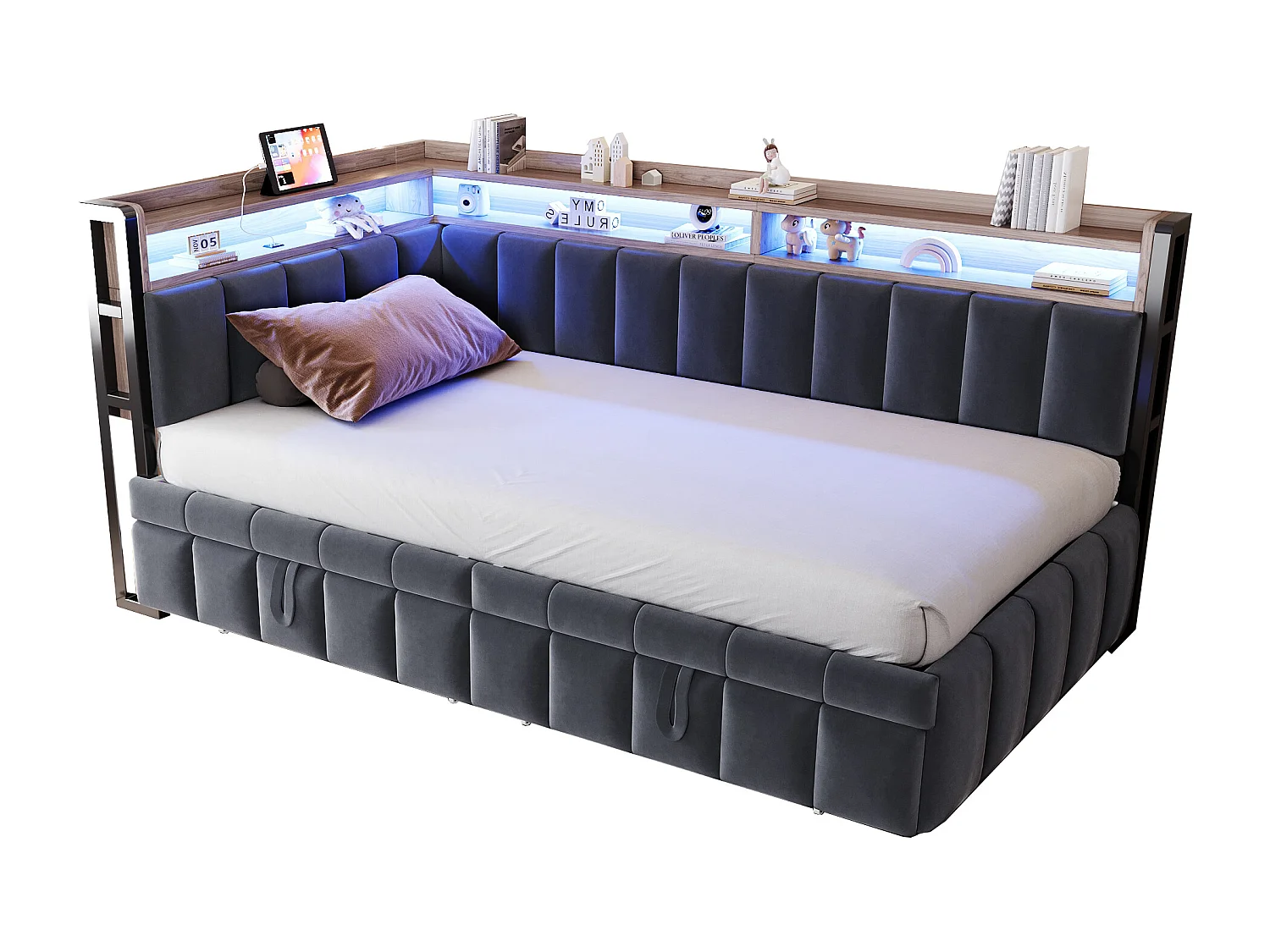 Gestoffeerde slaapbank - 90 x 200 cm - met uitschuifbed 90 x 200 cm + LED's + plank + USB en Type-C - fluweel - grijs