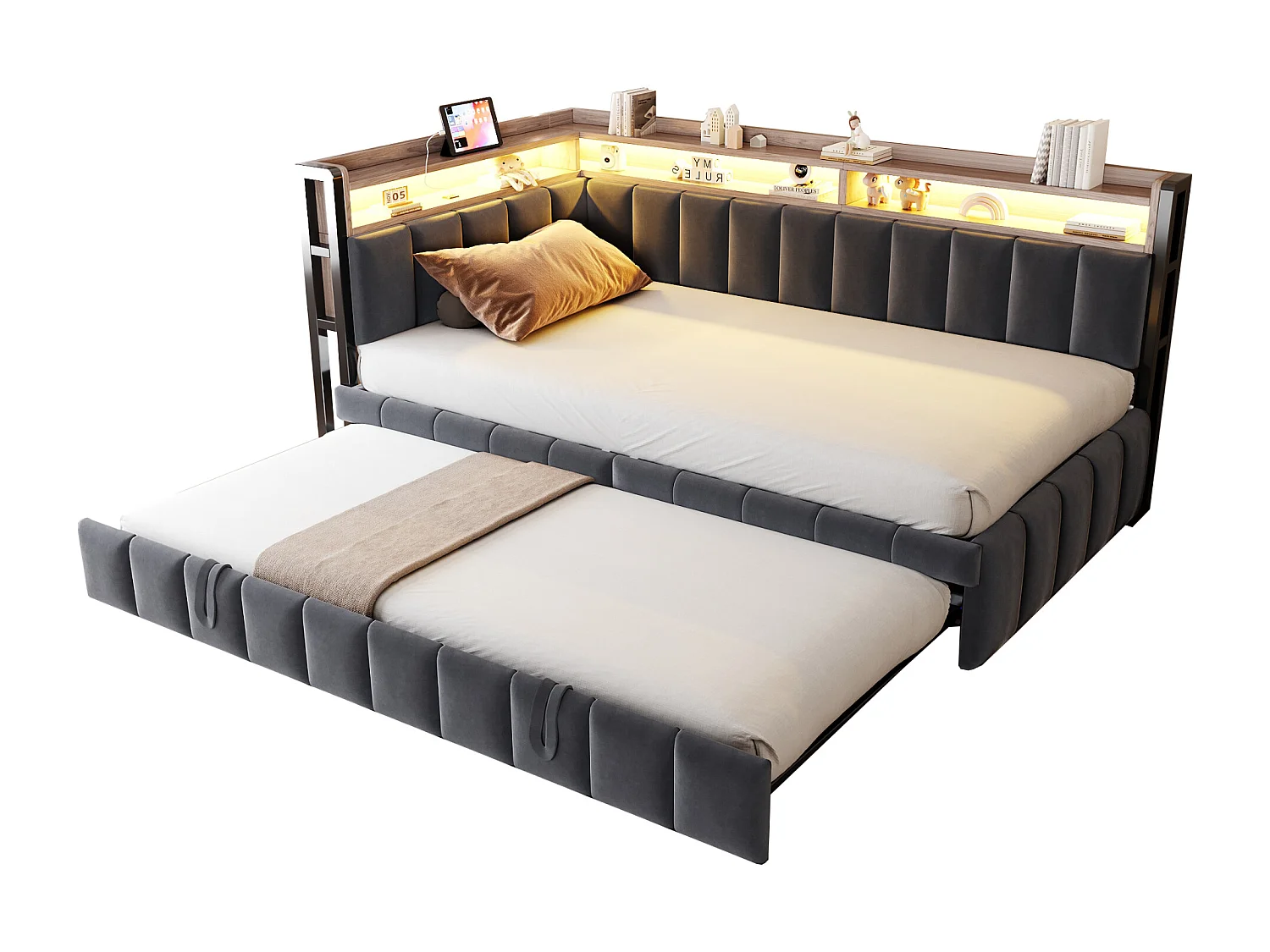 Gestoffeerde slaapbank - 90 x 200 cm - met uitschuifbed 90 x 200 cm + LED's + plank + USB en Type-C - fluweel - grijs