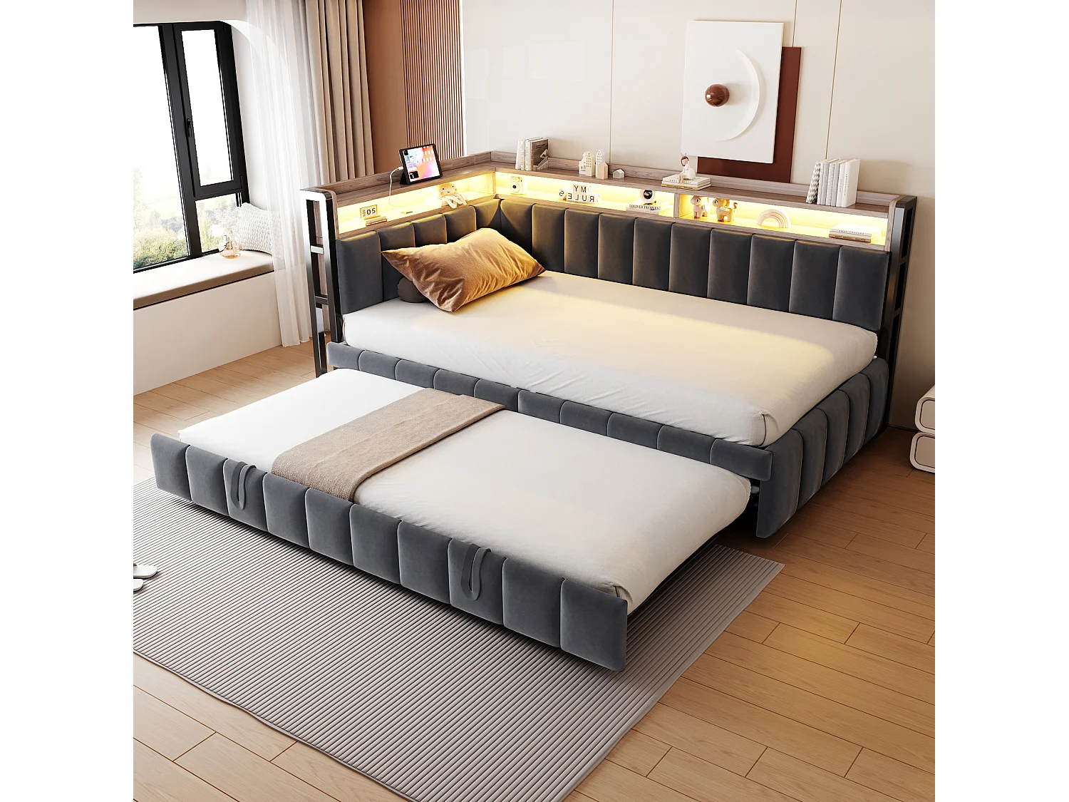 Polstret sovesofa - 90 x 200 cm - med udtræksseng 90 x 200 cm + LED'er + hylde + USB- og Type-C-porte - fløjl - grå