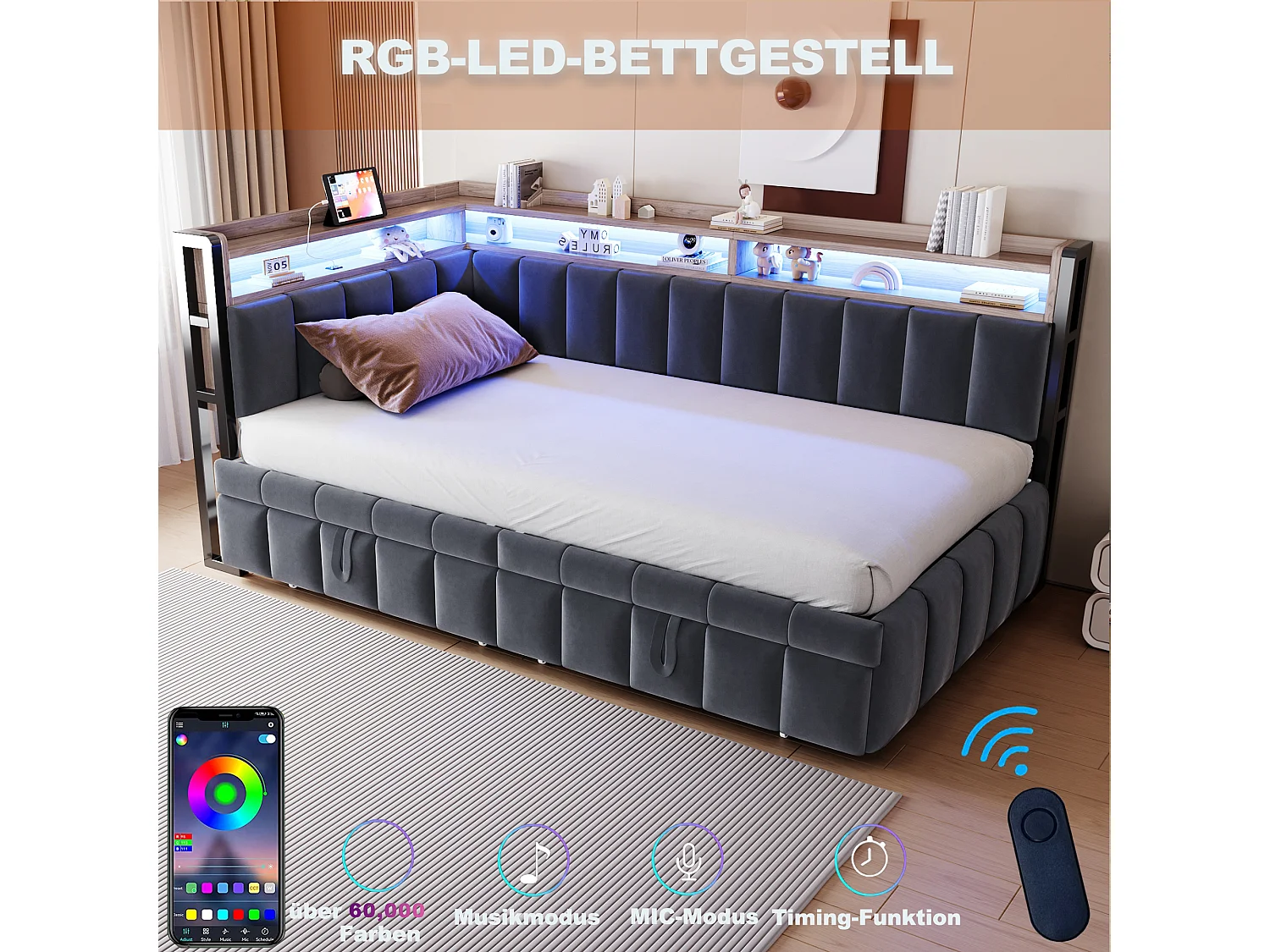 Polstret sovesofa - 90 x 200 cm - med udtræksseng 90 x 200 cm + LED'er + hylde + USB- og Type-C-porte - fløjl - grå