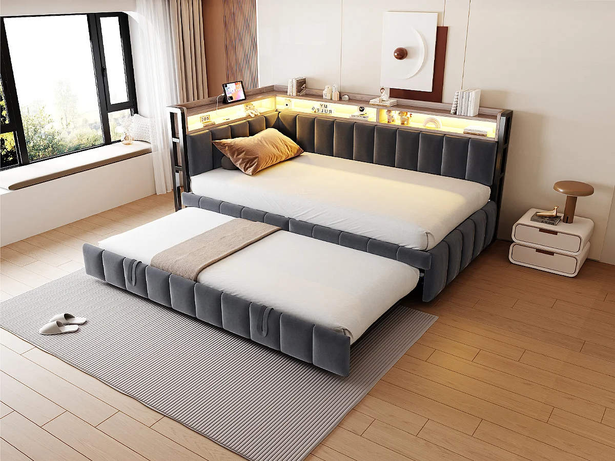 Polstret sovesofa - 90 x 200 cm - med udtræksseng 90 x 200 cm + LED'er + hylde + USB- og Type-C-porte - fløjl - grå