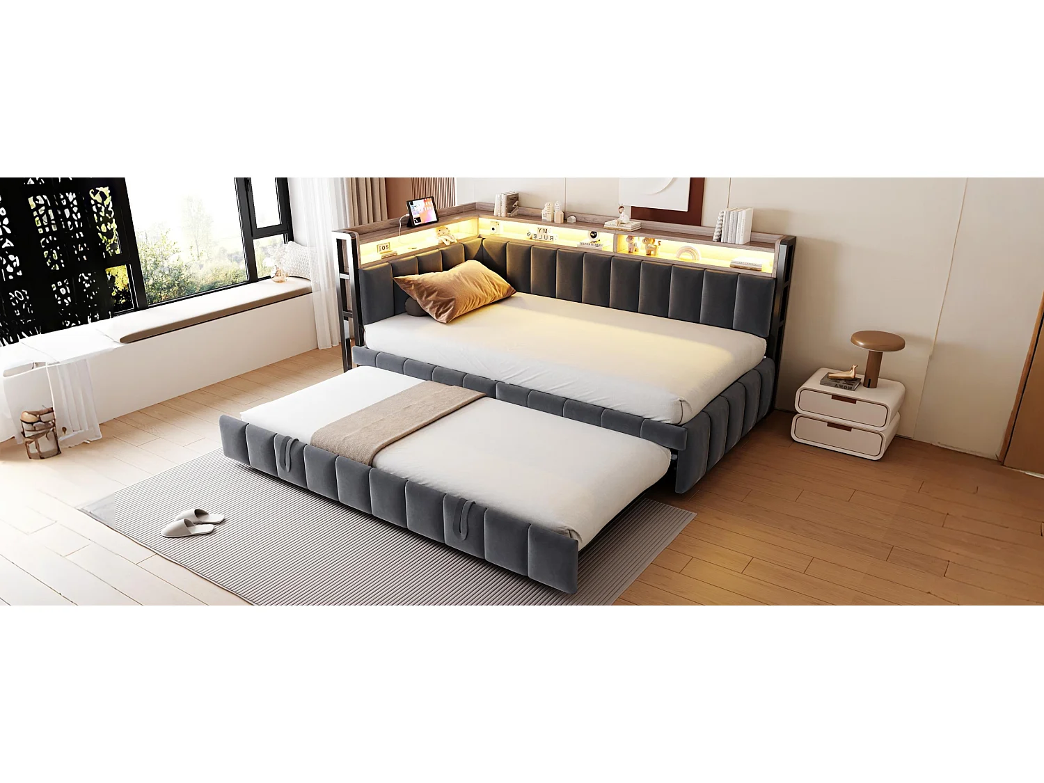 Polstret sovesofa - 90 x 200 cm - med udtræksseng 90 x 200 cm + LED'er + hylde + USB- og Type-C-porte - fløjl - grå