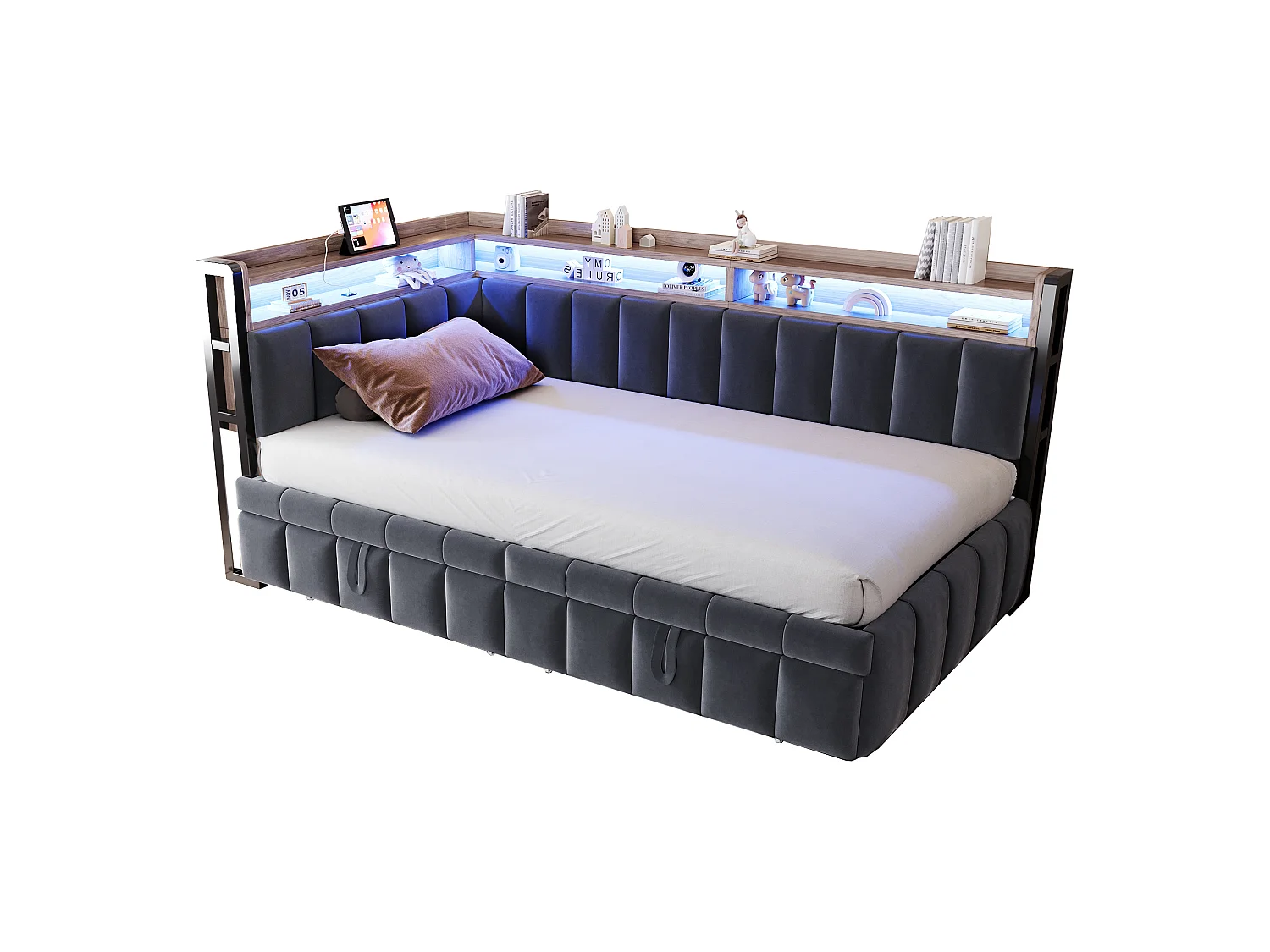 Polstret sovesofa - 90 x 200 cm - med udtræksseng 90 x 200 cm + LED'er + hylde + USB- og Type-C-porte - fløjl - grå