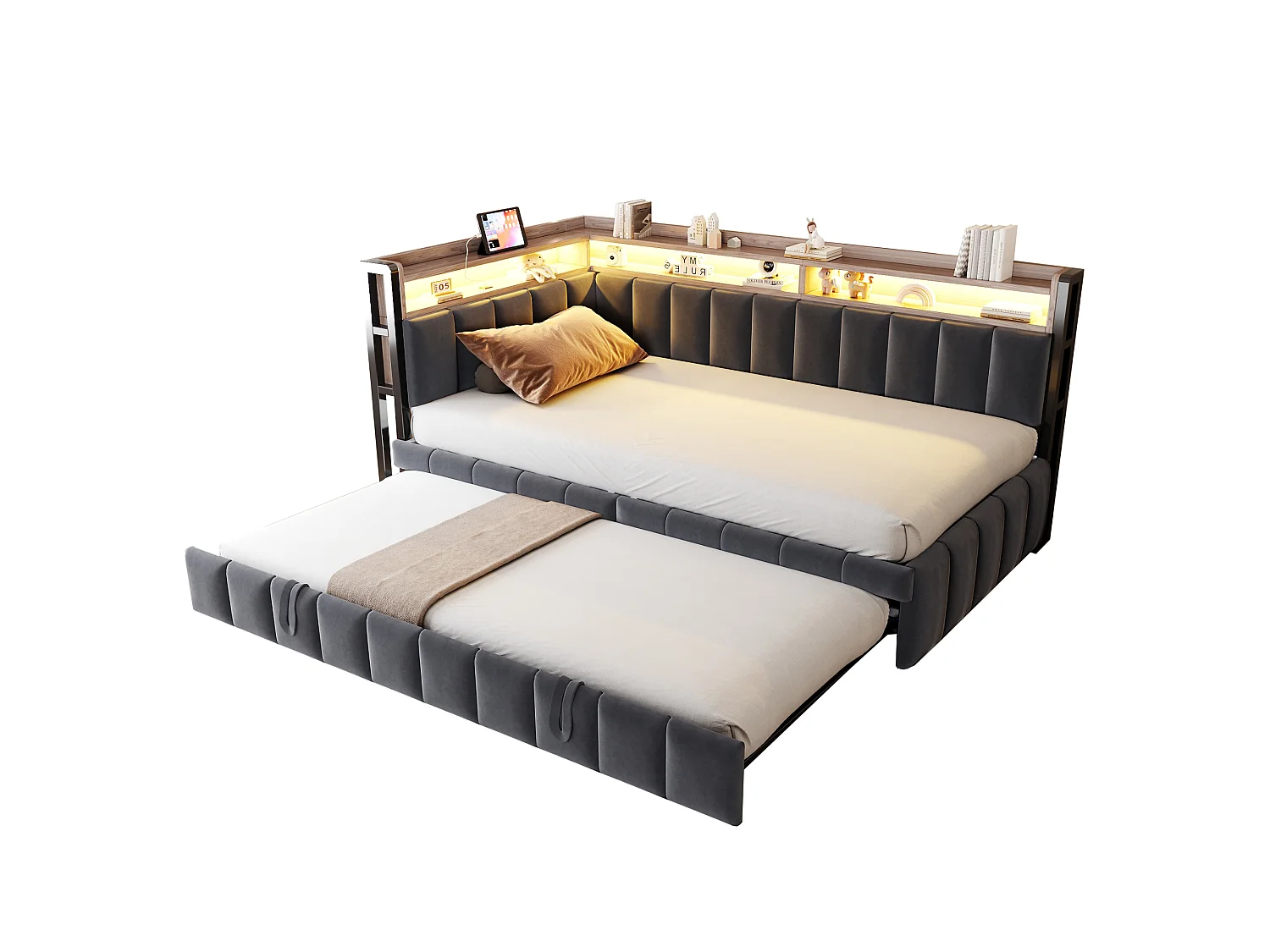 Polstret sovesofa - 90 x 200 cm - med udtræksseng 90 x 200 cm + LED'er + hylde + USB- og Type-C-porte - fløjl - grå