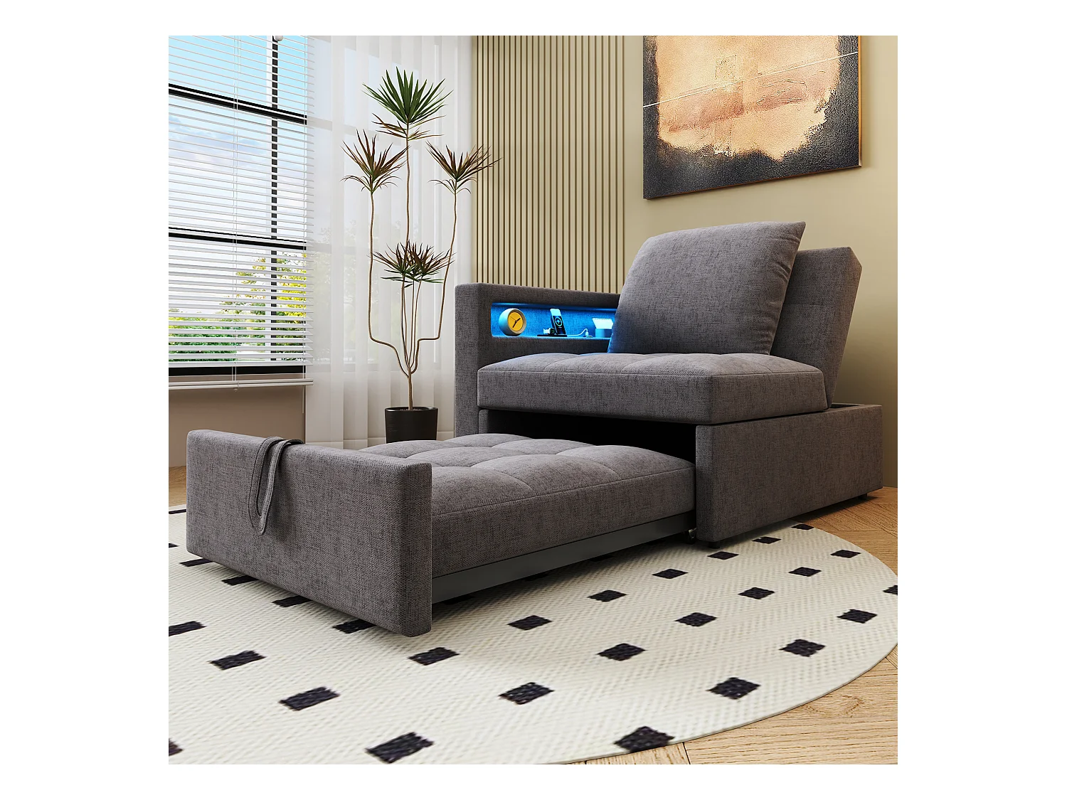 3-in-1 gestoffeerde slaapbank - 177 x 68 x 65 cm - met verstelbare rugleuning + LED's + USB/Type-C-poorten - Linnen - Grijs