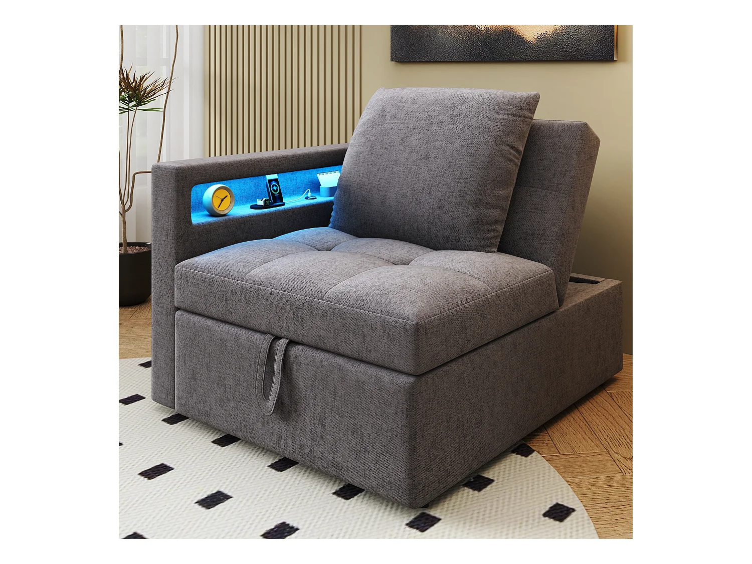 3-in-1 gestoffeerde slaapbank - 177 x 68 x 65 cm - met verstelbare rugleuning + LED's + USB/Type-C-poorten - Linnen - Grijs