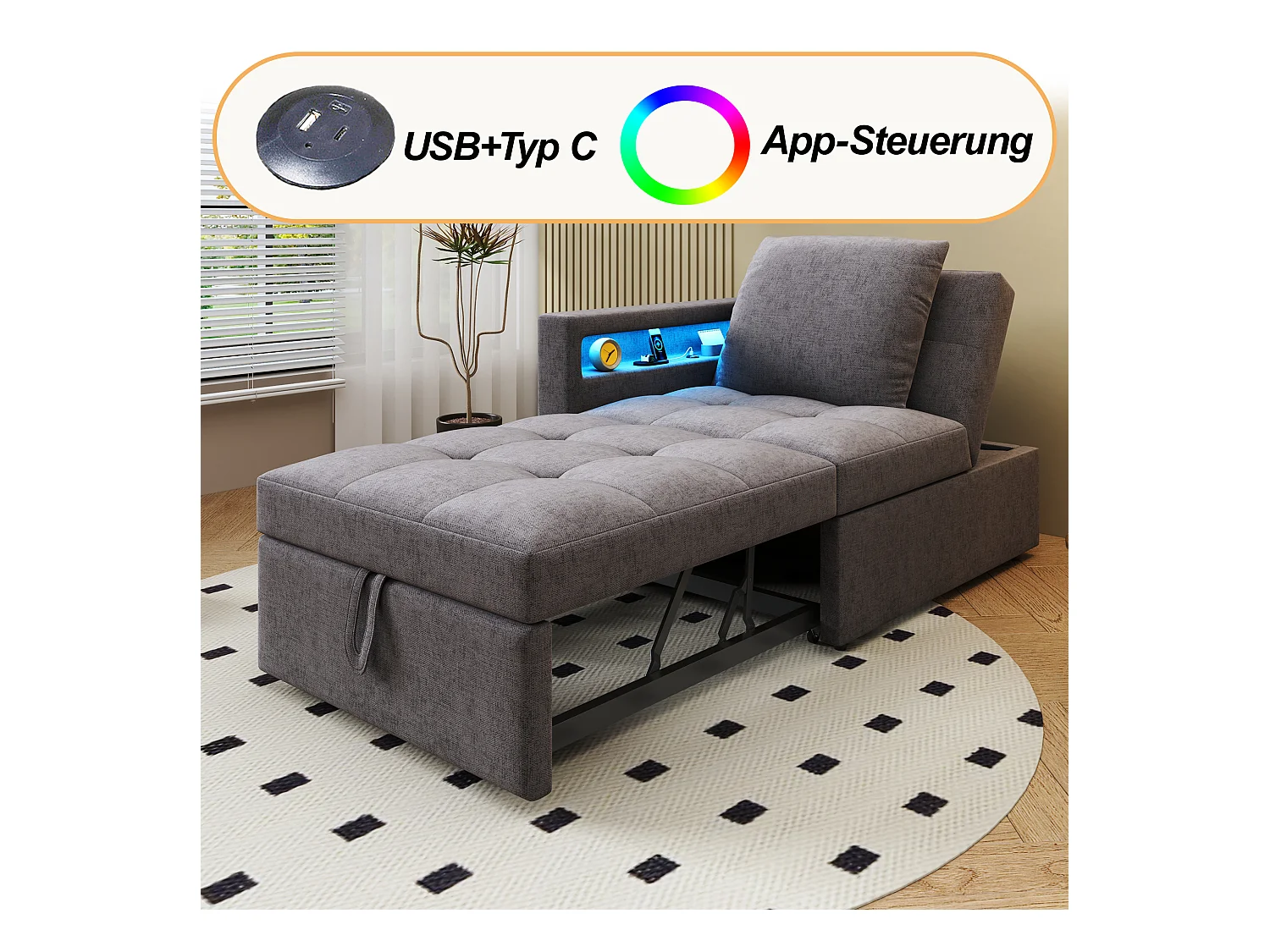 3-in-1 gestoffeerde slaapbank - 177 x 68 x 65 cm - met verstelbare rugleuning + LED's + USB/Type-C-poorten - Linnen - Grijs