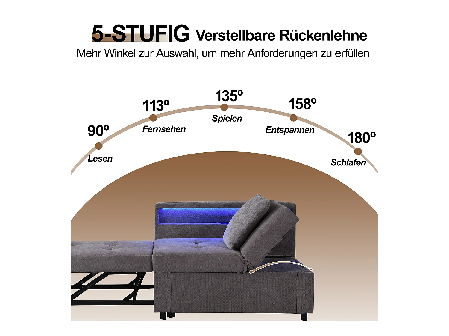 3-in-1 gestoffeerde slaapbank - 177 x 68 x 65 cm - met verstelbare rugleuning + LED's + USB/Type-C-poorten - Linnen - Grijs