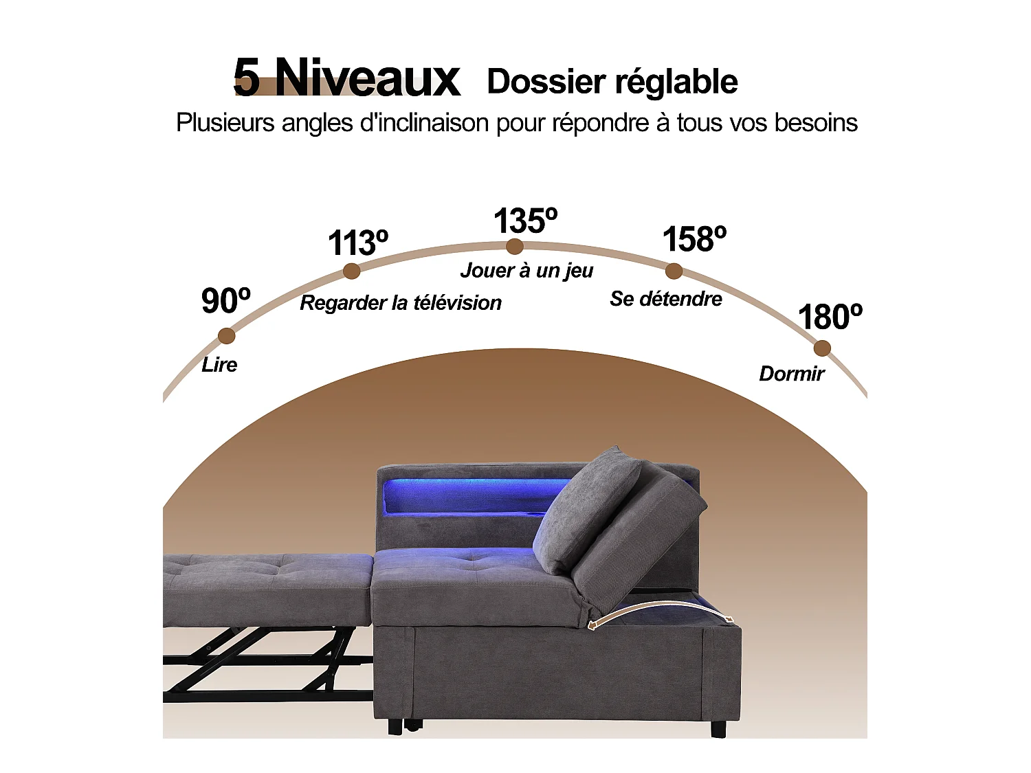 3-in-1 gestoffeerde slaapbank - 177 x 68 x 65 cm - met verstelbare rugleuning + LED's + USB/Type-C-poorten - Linnen - Grijs