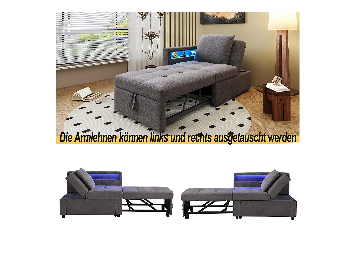 3-in-1 gestoffeerde slaapbank - 177 x 68 x 65 cm - met verstelbare rugleuning + LED's + USB/Type-C-poorten - Linnen - Grijs