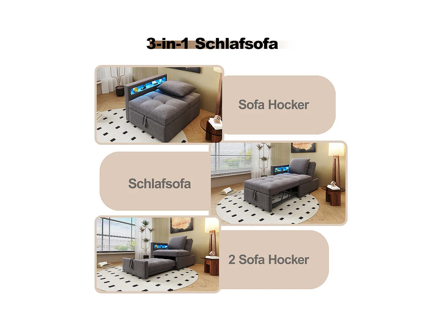 3-in-1 gestoffeerde slaapbank - 177 x 68 x 65 cm - met verstelbare rugleuning + LED's + USB/Type-C-poorten - Linnen - Grijs