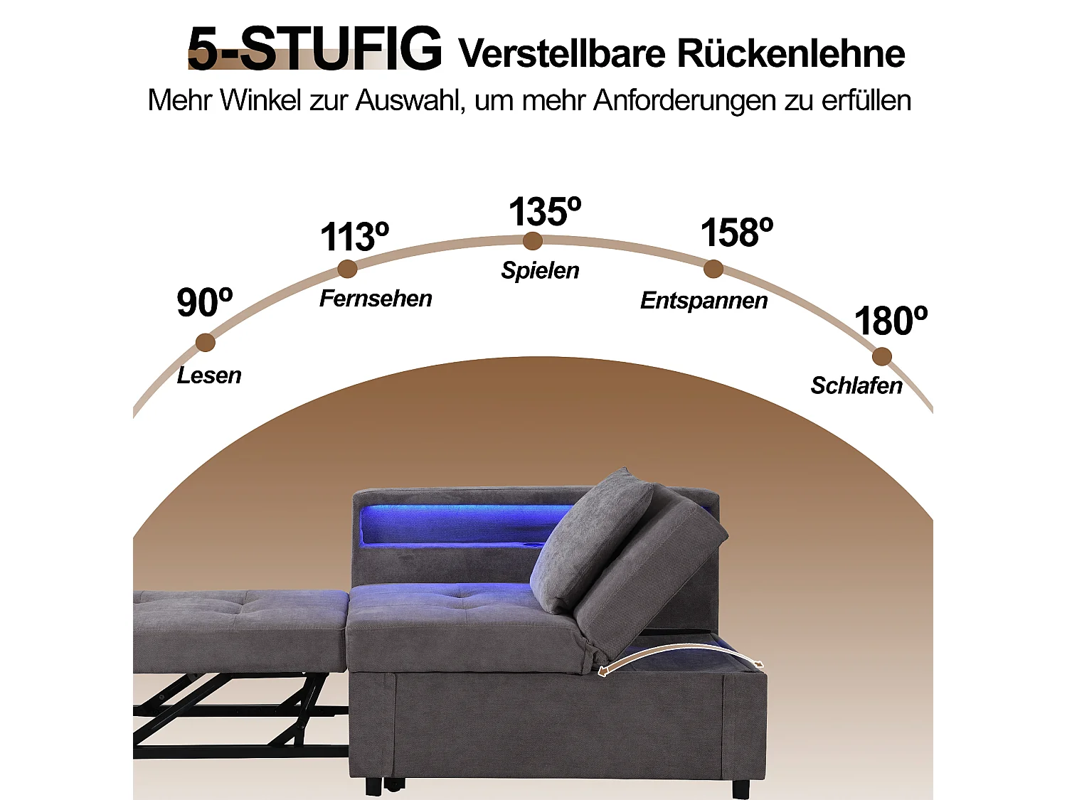 Divano letto imbottito 3 in 1 - 177 x 68 x 65 cm - con schienale regolabile + LED + porte USB/Type-C - Lino - Grigio