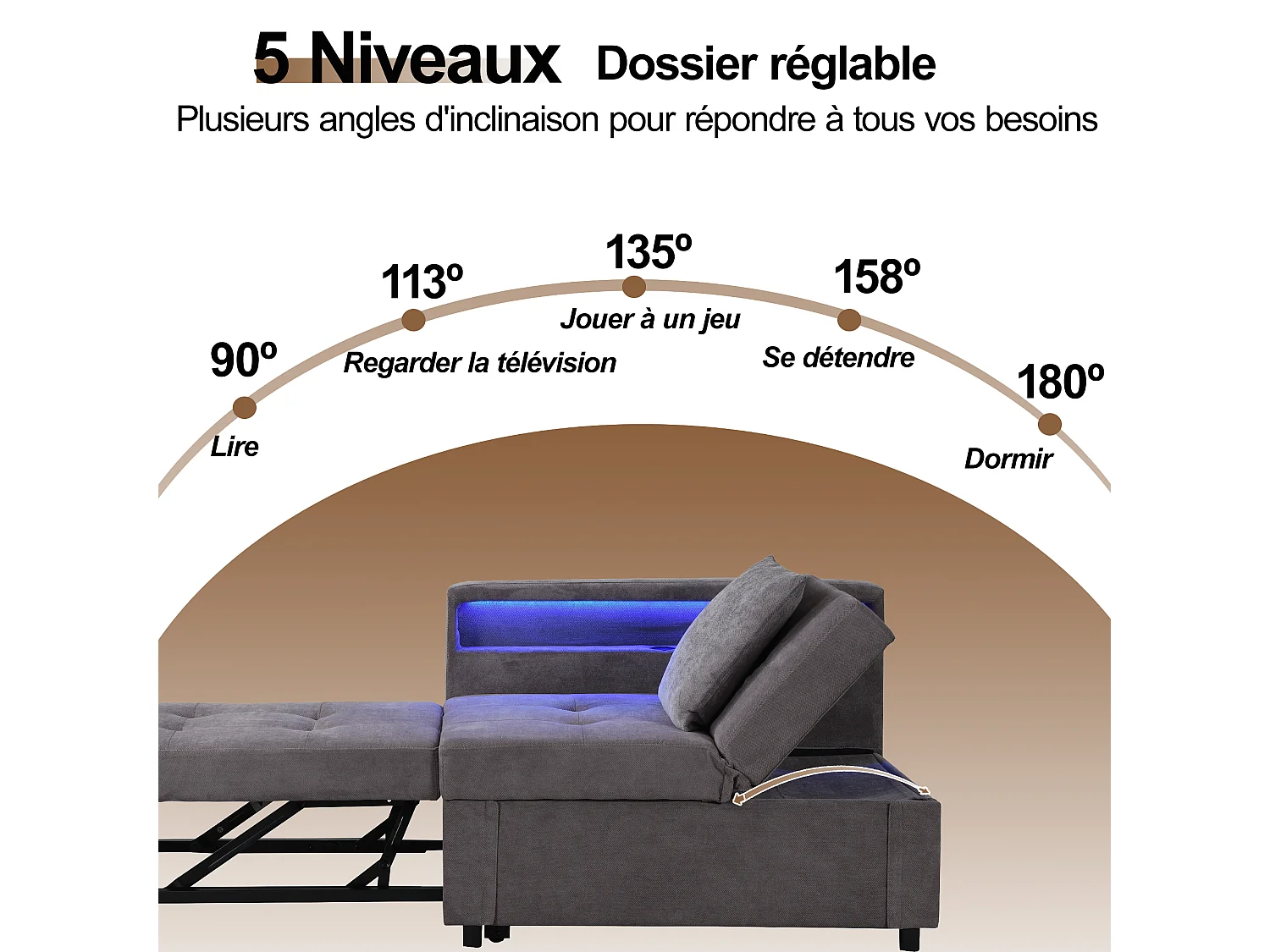 Divano letto imbottito 3 in 1 - 177 x 68 x 65 cm - con schienale regolabile + LED + porte USB/Type-C - Lino - Grigio