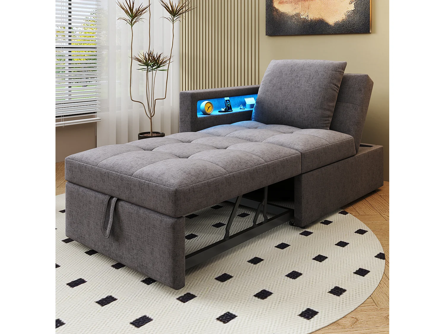 Canapé-lit rembourré 3 en 1 - 177 x 68 x 65 cm - avec dossier réglable + Leds + ports USB/Type-C - lin - gris
