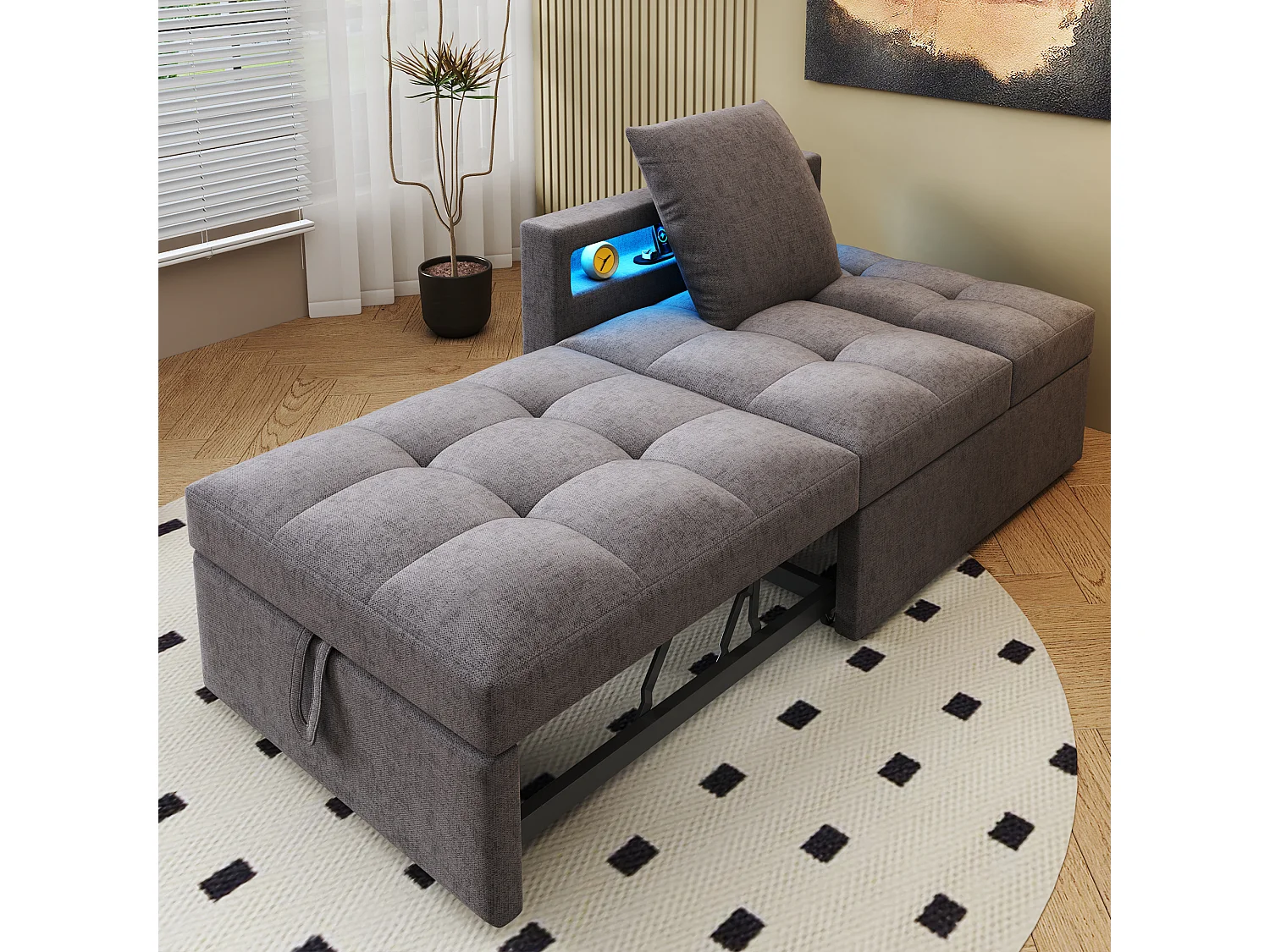 Canapé-lit rembourré 3 en 1 - 177 x 68 x 65 cm - avec dossier réglable + Leds + ports USB/Type-C - lin - gris