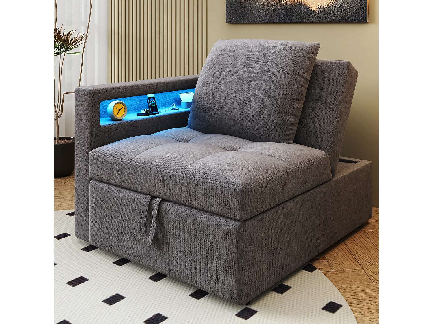 Canapé-lit rembourré 3 en 1 - 177 x 68 x 65 cm - avec dossier réglable + Leds + ports USB/Type-C - lin - gris