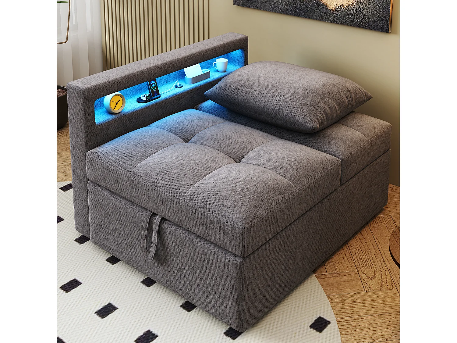 Canapé-lit rembourré 3 en 1 - 177 x 68 x 65 cm - avec dossier réglable + Leds + ports USB/Type-C - lin - gris