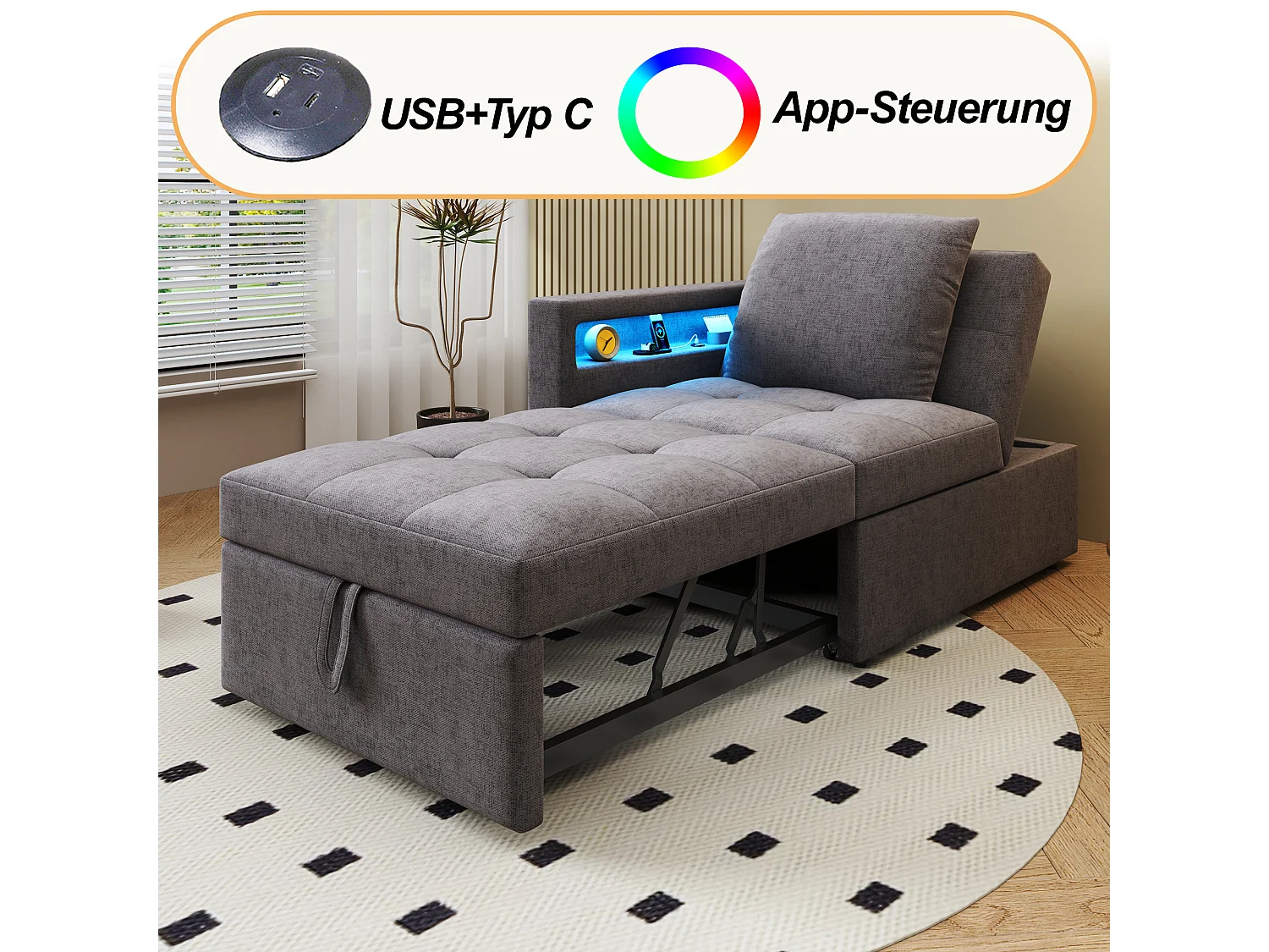 Canapé-lit rembourré 3 en 1 - 177 x 68 x 65 cm - avec dossier réglable + Leds + ports USB/Type-C - lin - gris