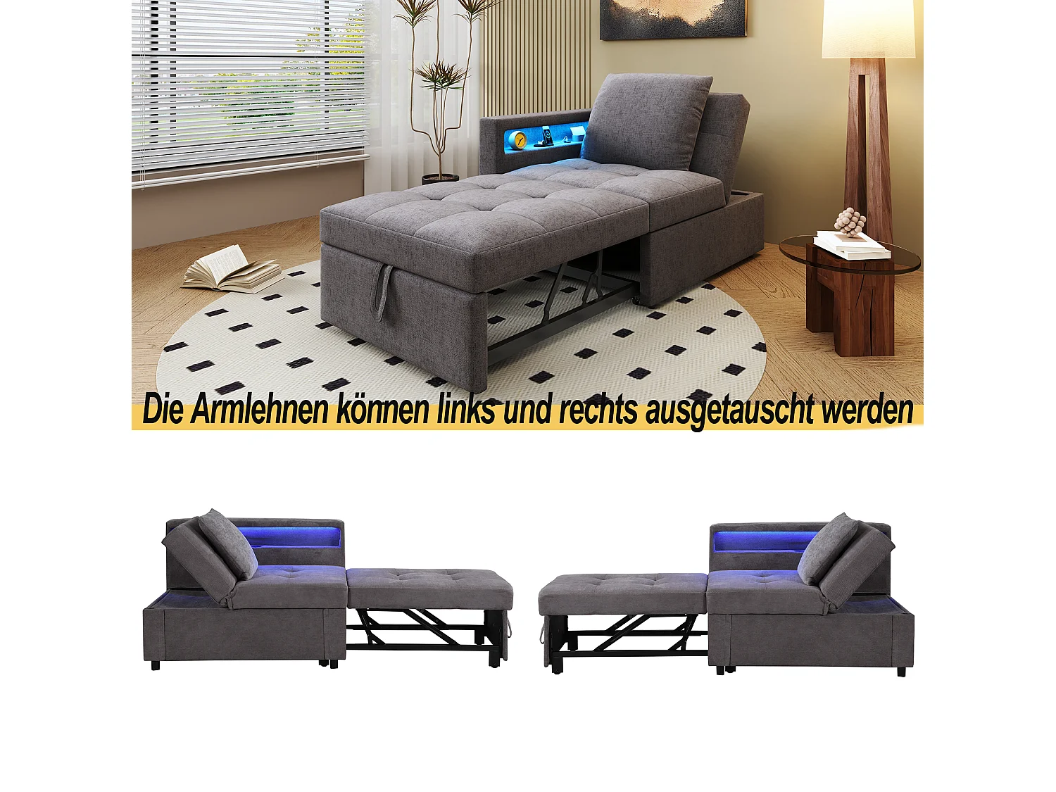 Canapé-lit rembourré 3 en 1 - 177 x 68 x 65 cm - avec dossier réglable + Leds + ports USB/Type-C - lin - gris