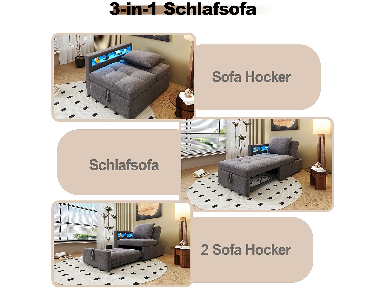 Canapé-lit rembourré 3 en 1 - 177 x 68 x 65 cm - avec dossier réglable + Leds + ports USB/Type-C - lin - gris