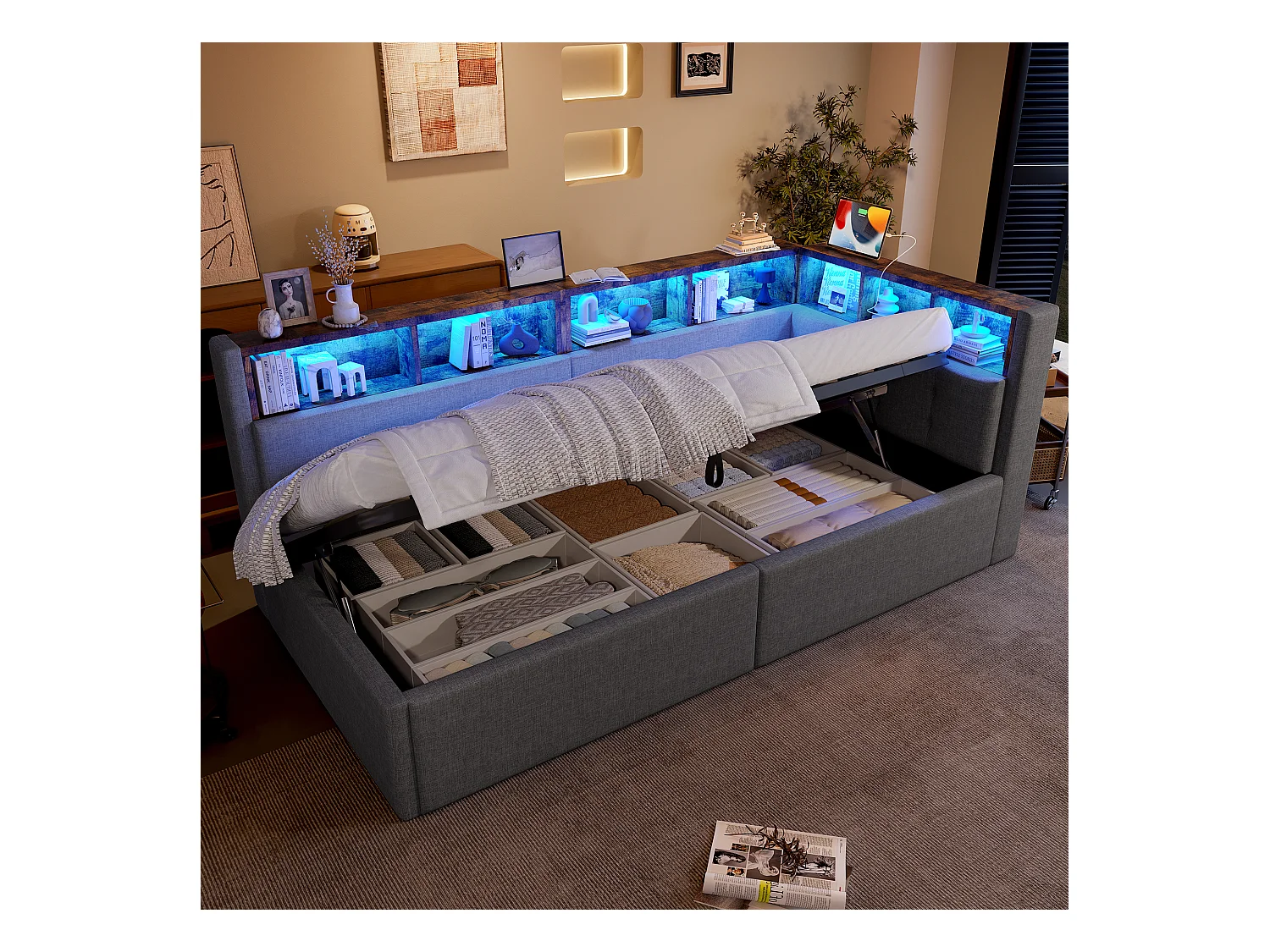 Kinderschlafsofa - 90 x 200 cm - mit USB + Typ-C + hydraulischem Stauraum + Ablage + LEDs - Leinen - Grau