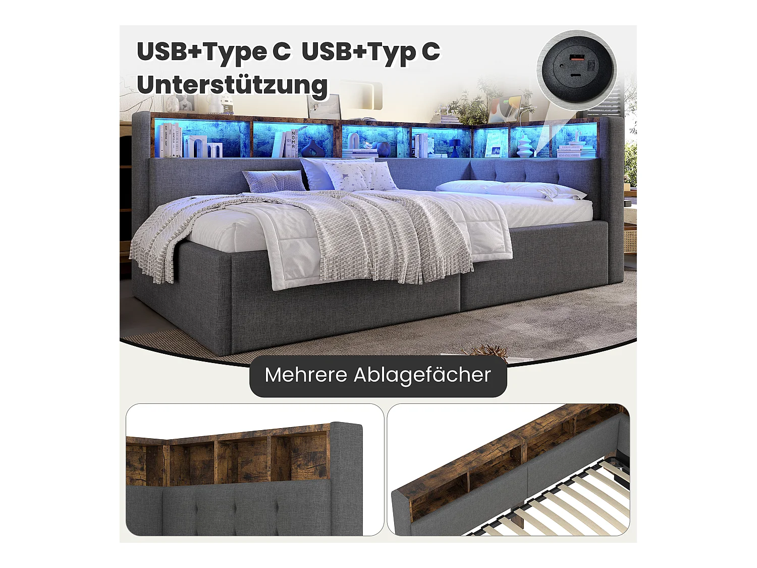 Kinderschlafsofa - 90 x 200 cm - mit USB + Typ-C + hydraulischem Stauraum + Ablage + LEDs - Leinen - Grau