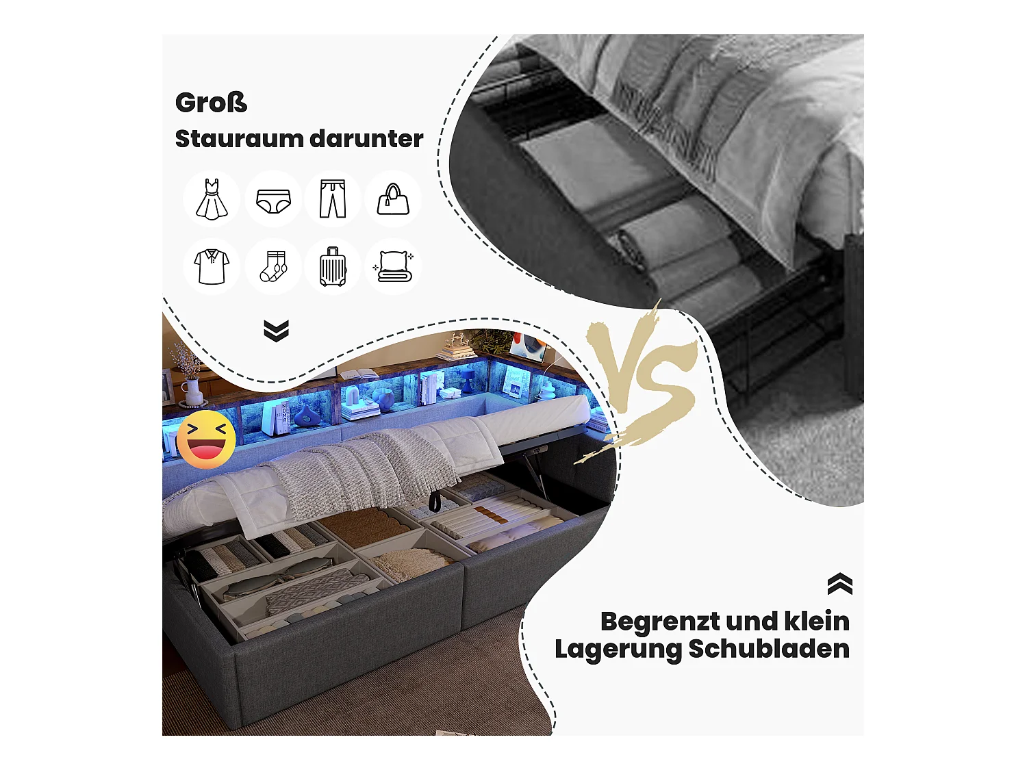 Kinderschlafsofa - 90 x 200 cm - mit USB + Typ-C + hydraulischem Stauraum + Ablage + LEDs - Leinen - Grau