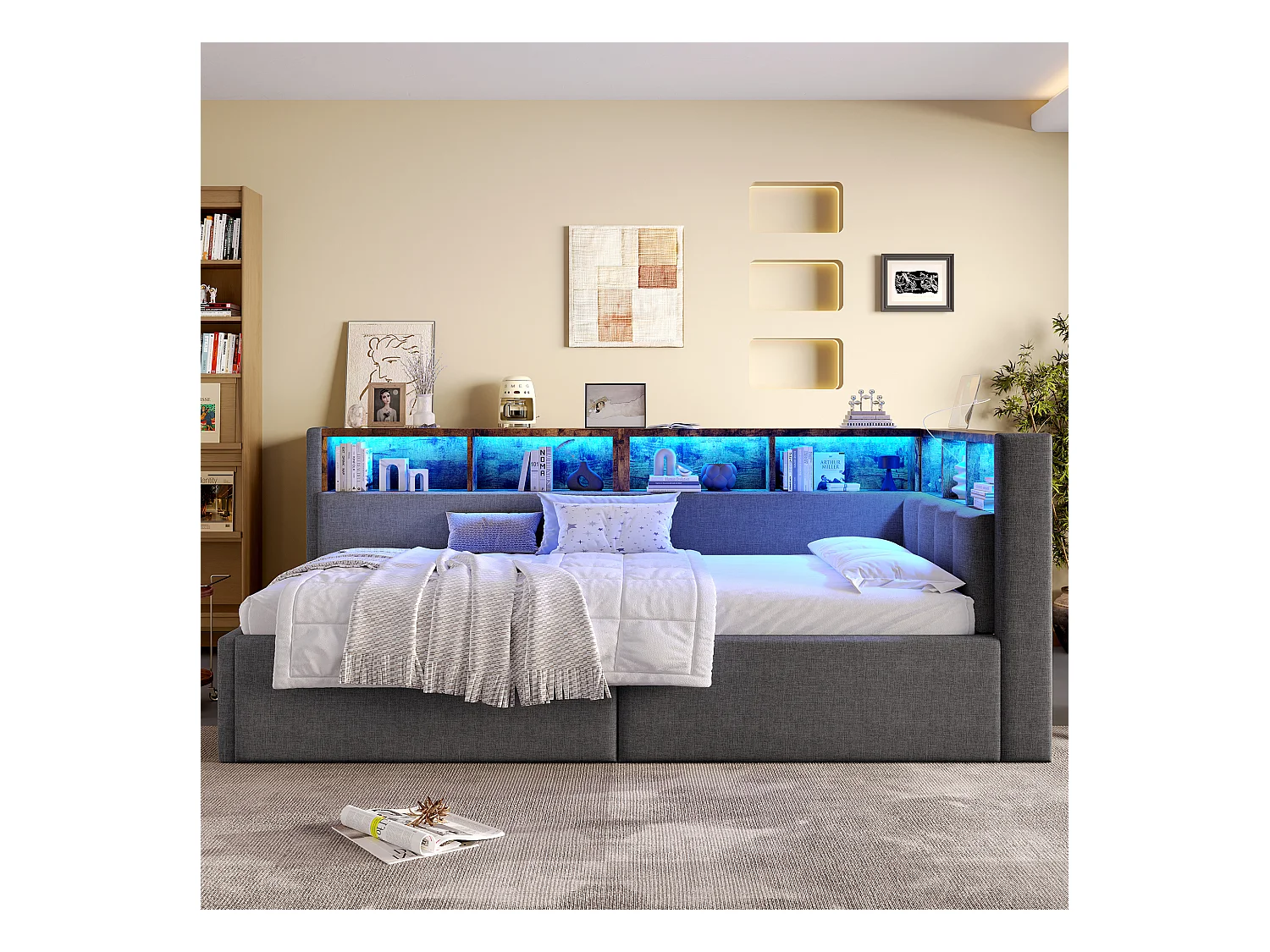 Kinderschlafsofa - 90 x 200 cm - mit USB + Typ-C + hydraulischem Stauraum + Ablage + LEDs - Leinen - Grau