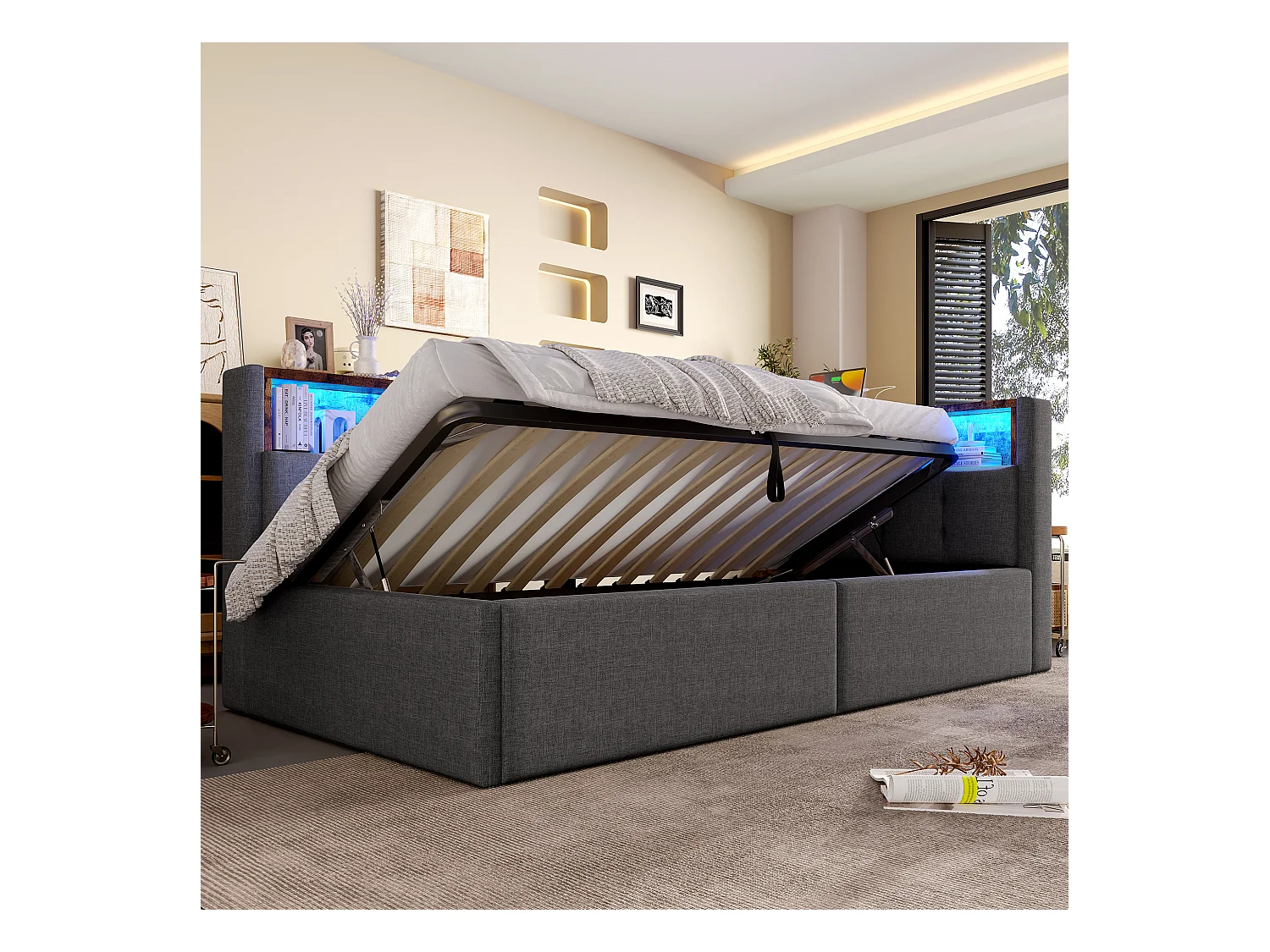 Kinderschlafsofa - 90 x 200 cm - mit USB + Typ-C + hydraulischem Stauraum + Ablage + LEDs - Leinen - Grau