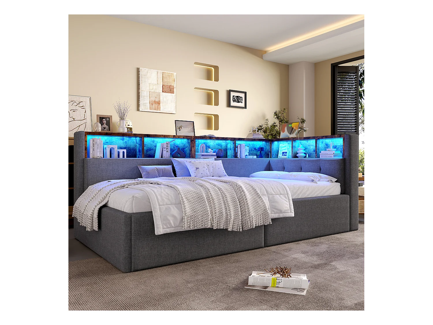 Kinderschlafsofa - 90 x 200 cm - mit USB + Typ-C + hydraulischem Stauraum + Ablage + LEDs - Leinen - Grau