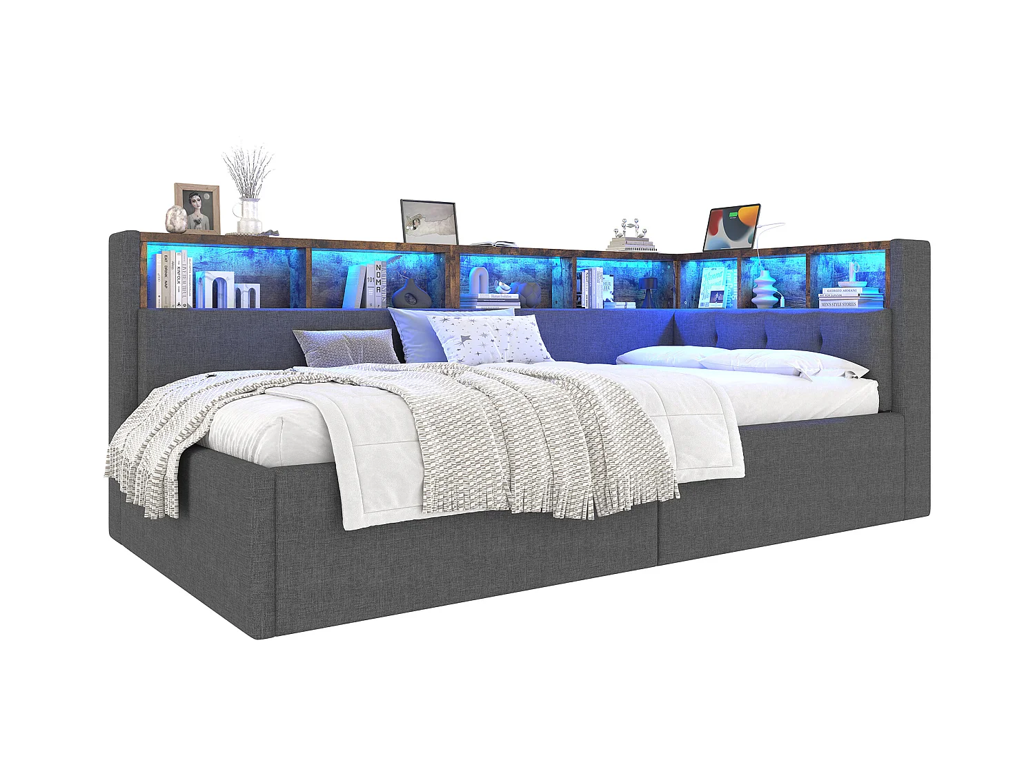 Kinderschlafsofa - 90 x 200 cm - mit USB + Typ-C + hydraulischem Stauraum + Ablage + LEDs - Leinen - Grau