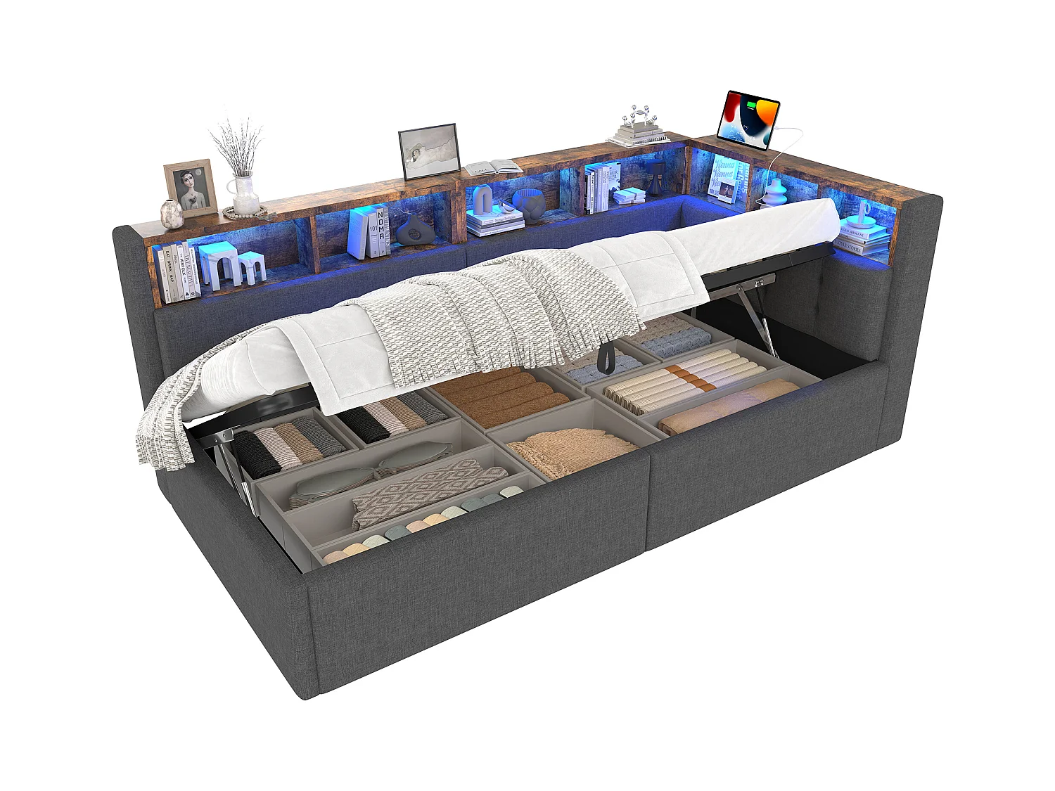 Kinderschlafsofa - 90 x 200 cm - mit USB + Typ-C + hydraulischem Stauraum + Ablage + LEDs - Leinen - Grau