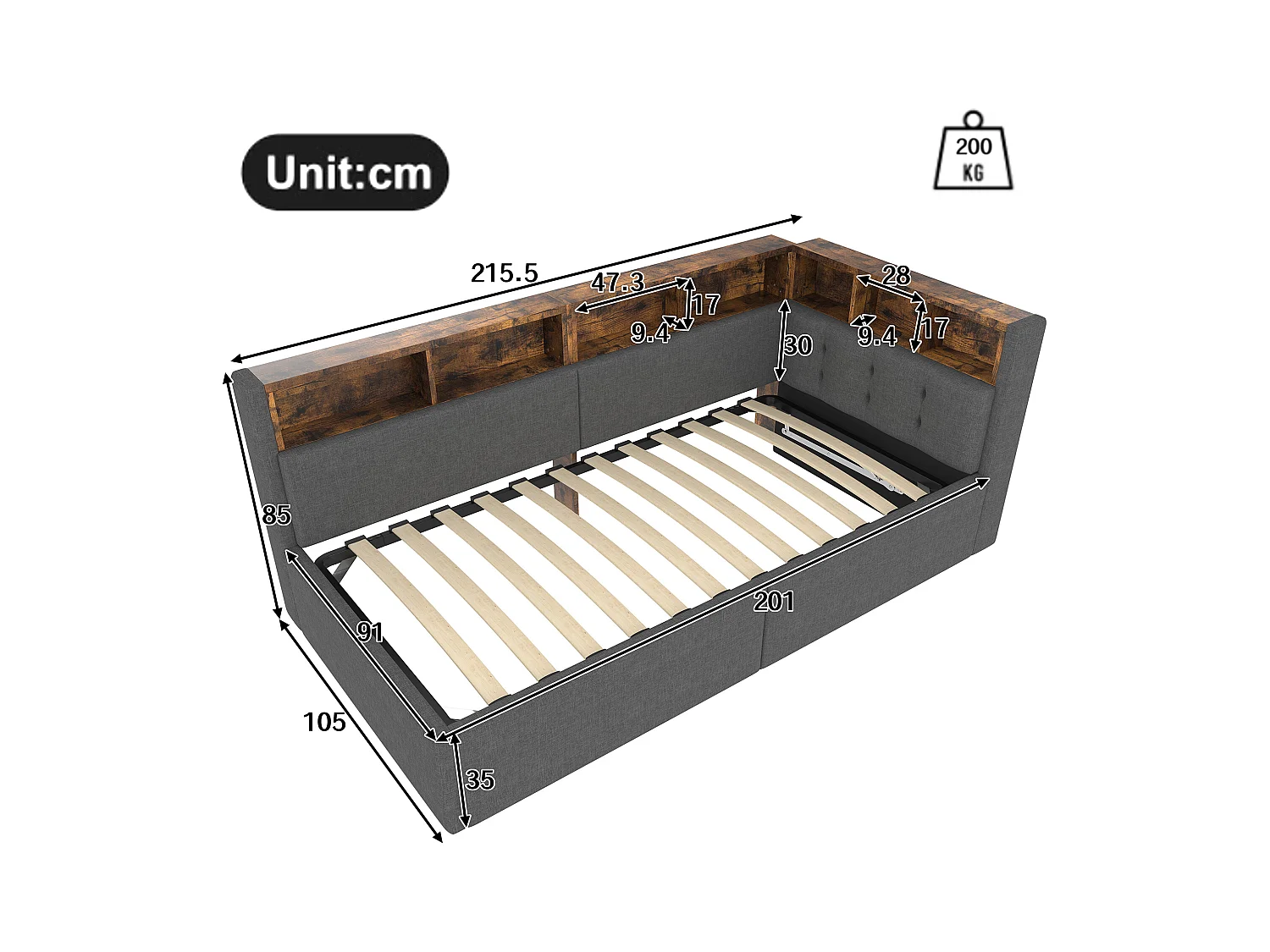 Kinderschlafsofa - 90 x 200 cm - mit USB + Typ-C + hydraulischem Stauraum + Ablage + LEDs - Leinen - Grau
