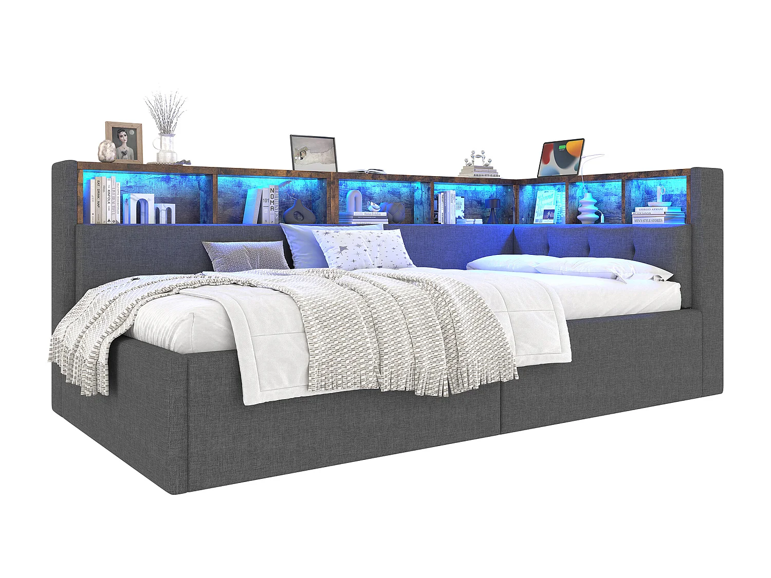 Kinderslaapbank - 90 x 200 cm - met USB + Type-C + hydraulische opbergruimte + plank + LED's - linnen - grijs