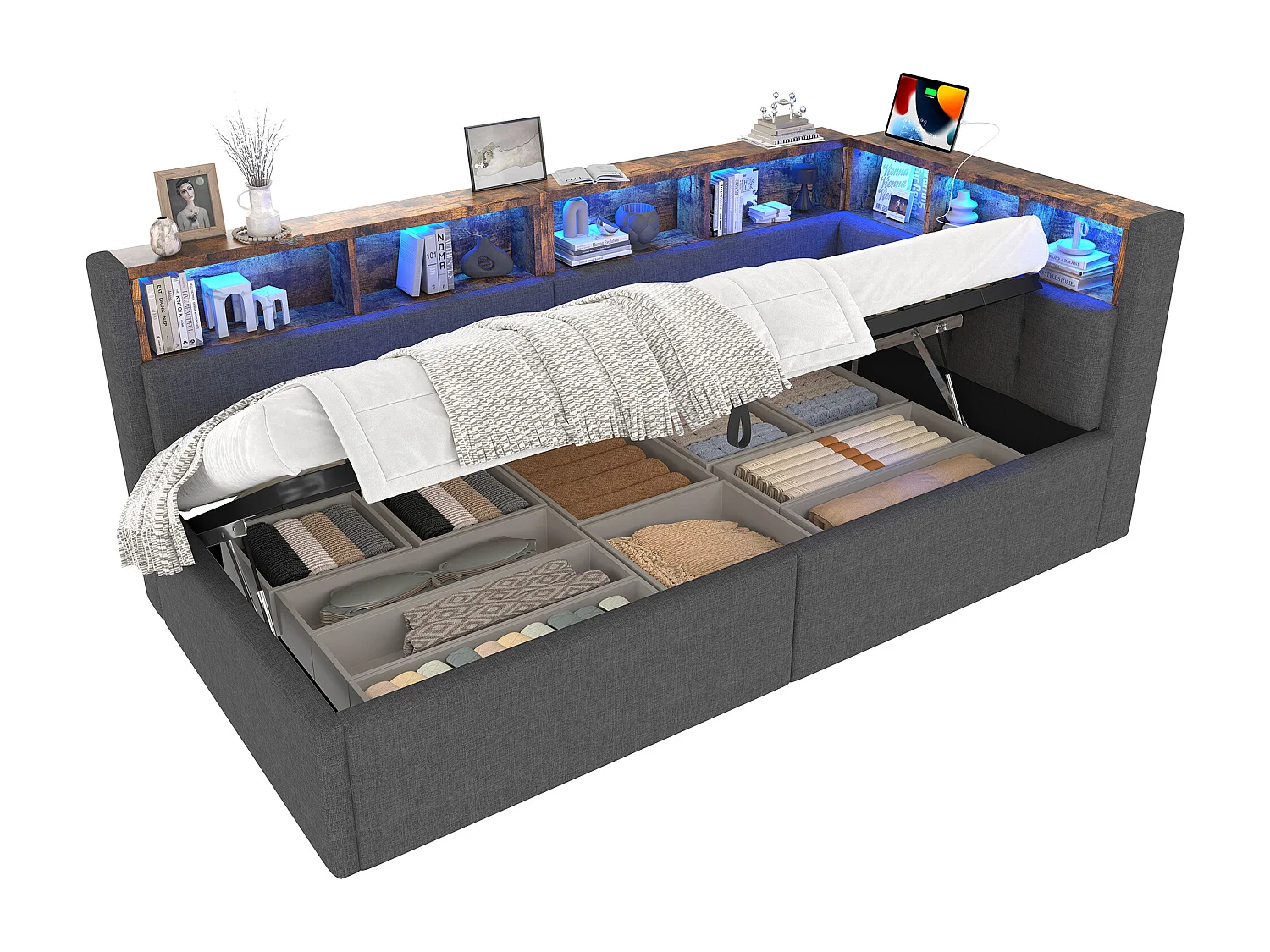 Kinderslaapbank - 90 x 200 cm - met USB + Type-C + hydraulische opbergruimte + plank + LED's - linnen - grijs