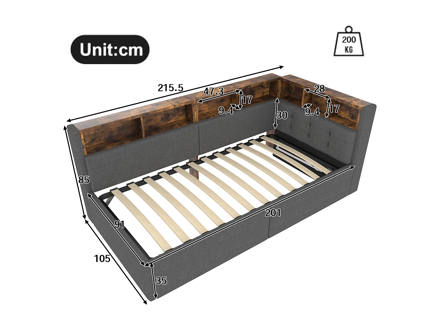 Kinderslaapbank - 90 x 200 cm - met USB + Type-C + hydraulische opbergruimte + plank + LED's - linnen - grijs