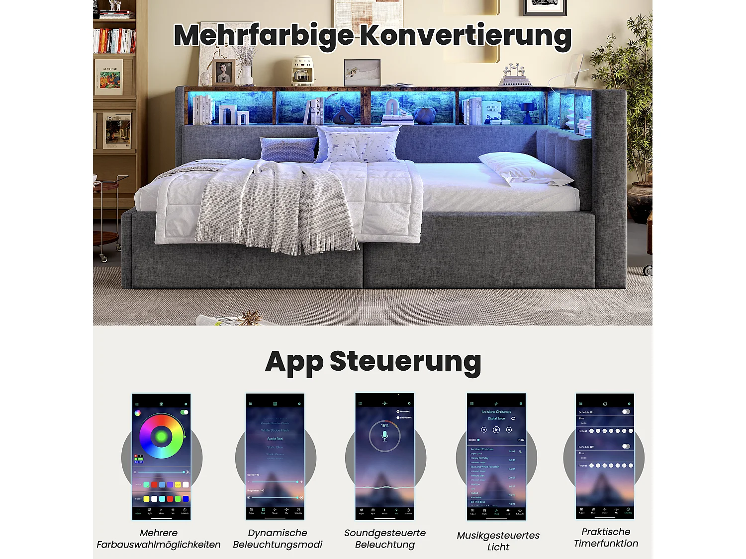 Sofá cama infantil - 90 x 200 cm - con USB + Tipo-C + almacenaje hidráulico + estante + LED - lino - gris