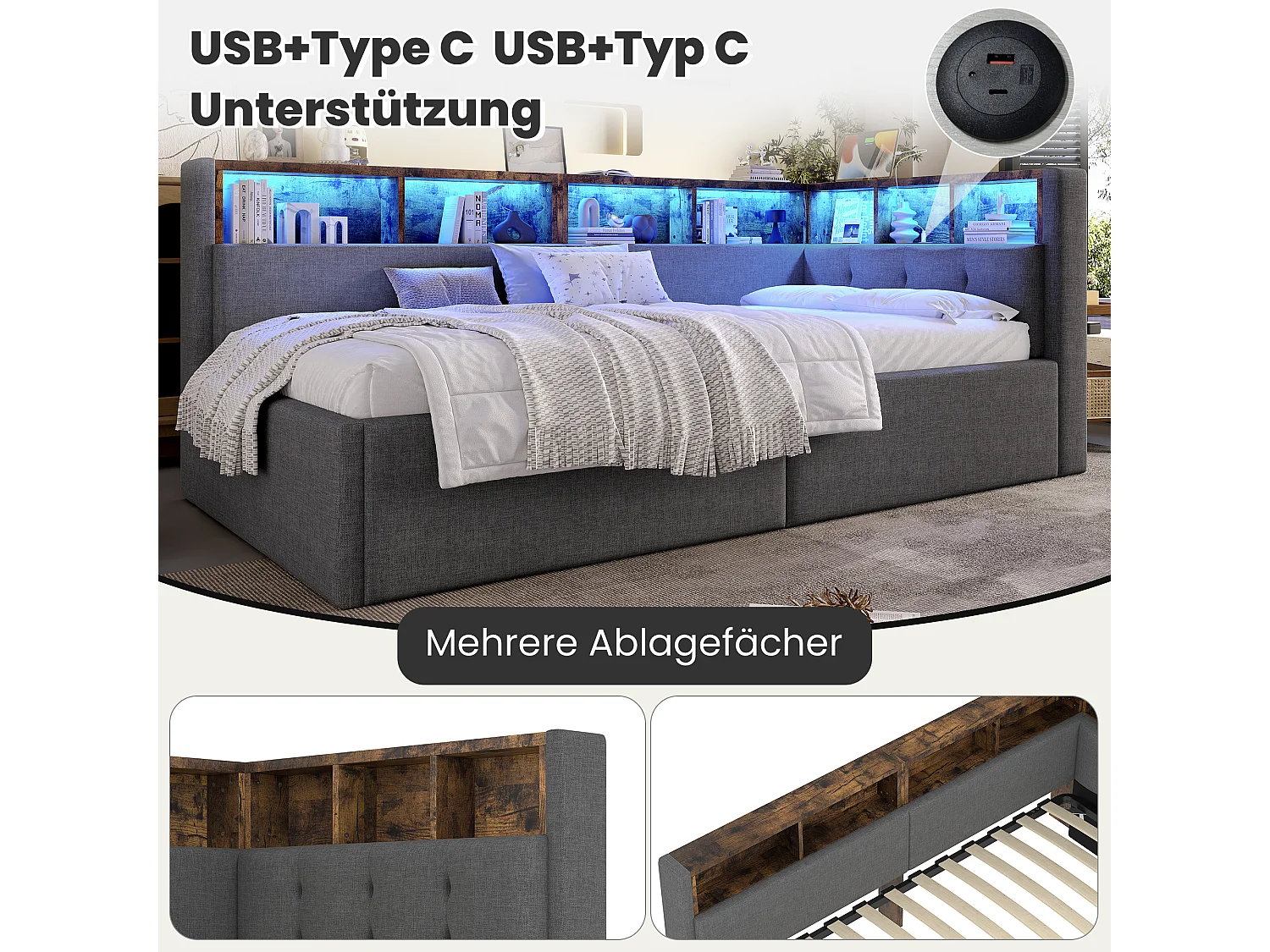 Sofá cama infantil - 90 x 200 cm - con USB + Tipo-C + almacenaje hidráulico + estante + LED - lino - gris