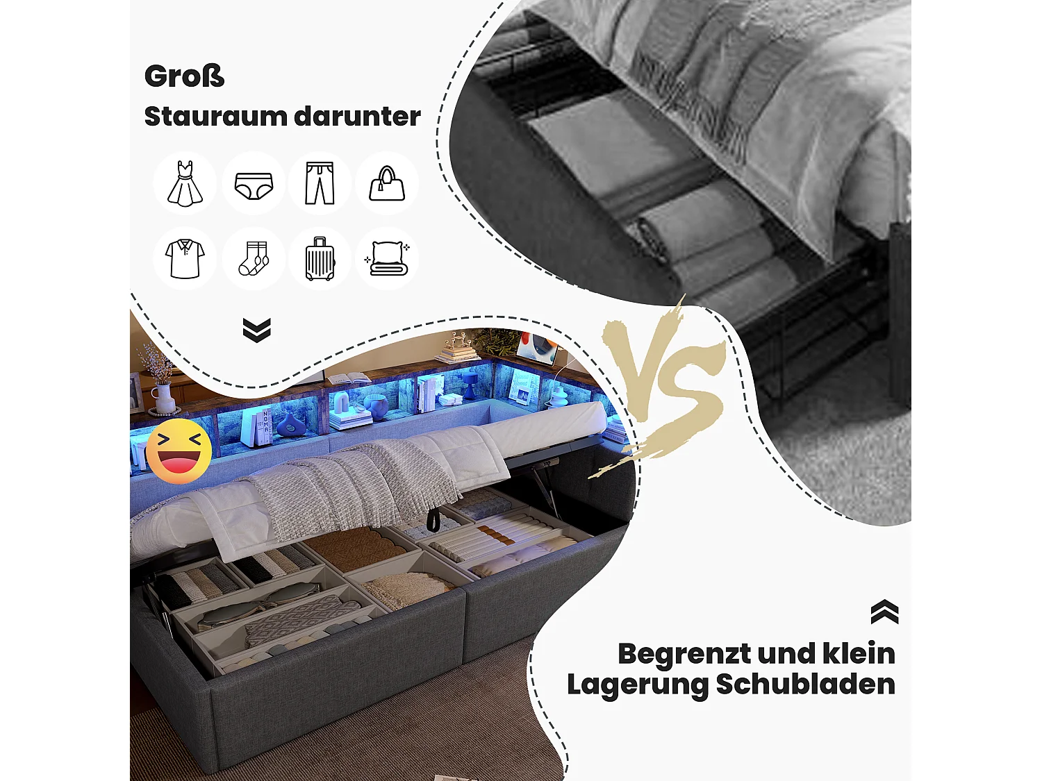 Sofá cama infantil - 90 x 200 cm - con USB + Tipo-C + almacenaje hidráulico + estante + LED - lino - gris