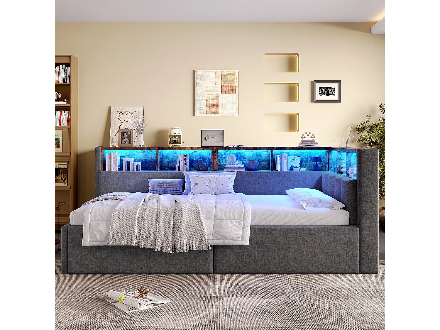 Sofá cama infantil - 90 x 200 cm - con USB + Tipo-C + almacenaje hidráulico + estante + LED - lino - gris
