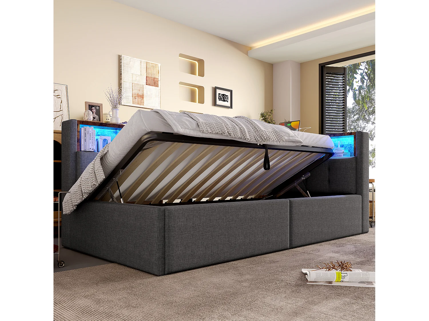 Sofá cama infantil - 90 x 200 cm - con USB + Tipo-C + almacenaje hidráulico + estante + LED - lino - gris