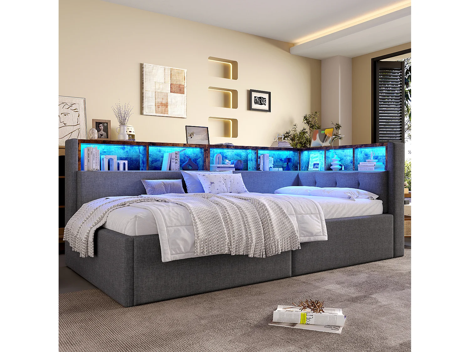 Sofá cama infantil - 90 x 200 cm - con USB + Tipo-C + almacenaje hidráulico + estante + LED - lino - gris