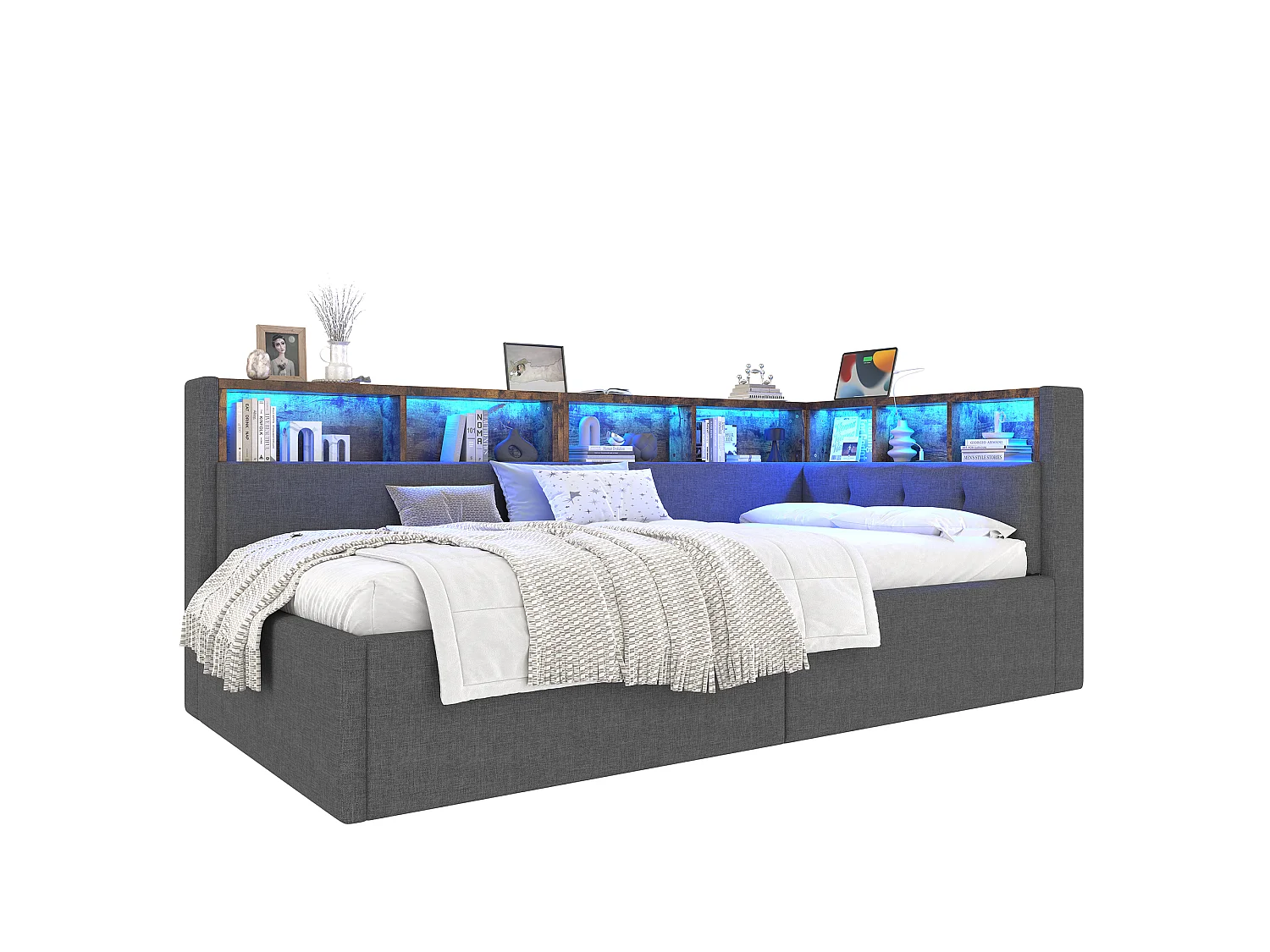Sofá cama infantil - 90 x 200 cm - con USB + Tipo-C + almacenaje hidráulico + estante + LED - lino - gris